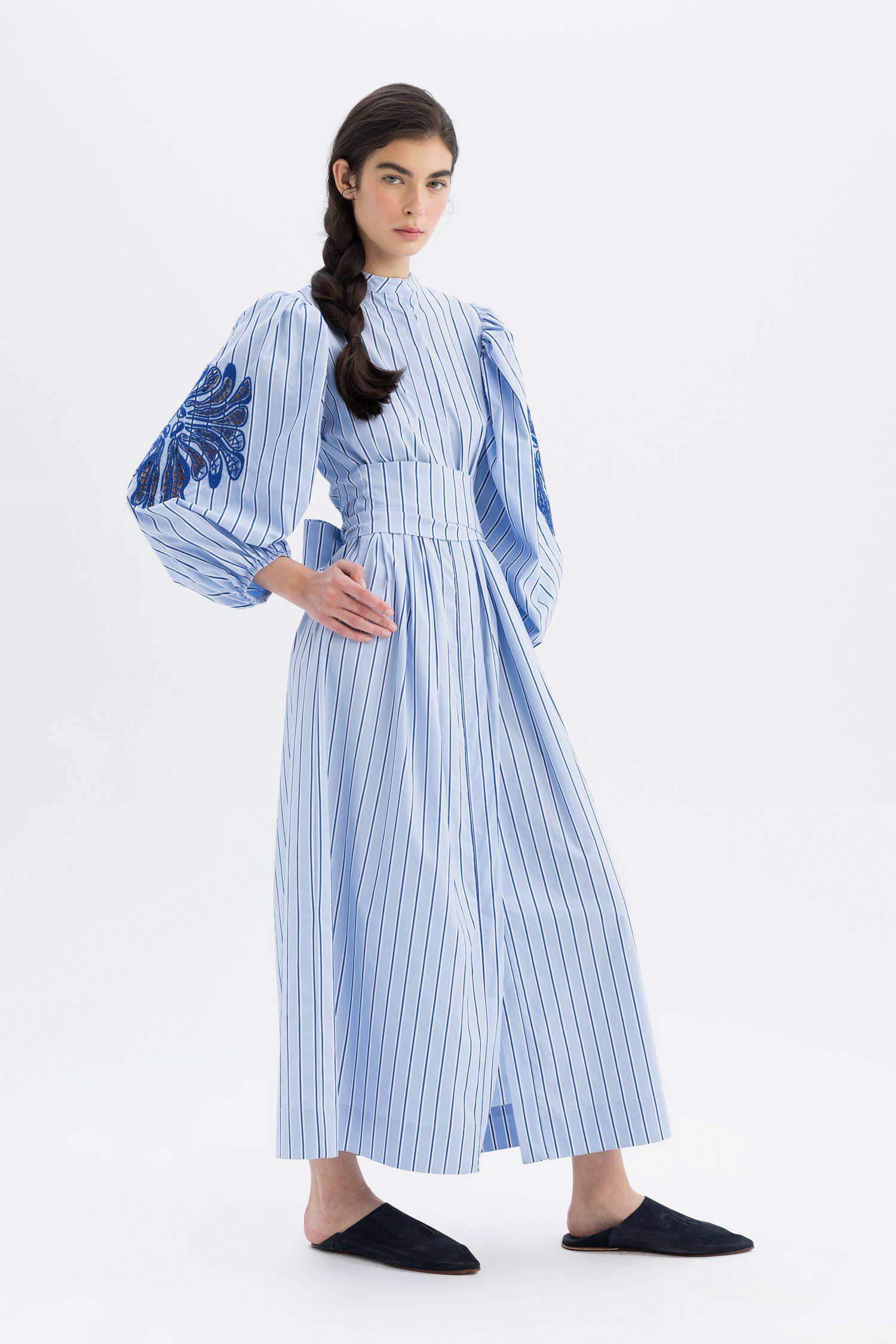 Grandad Collar Striped Poplin Balloon Sleeves Maxi Dress