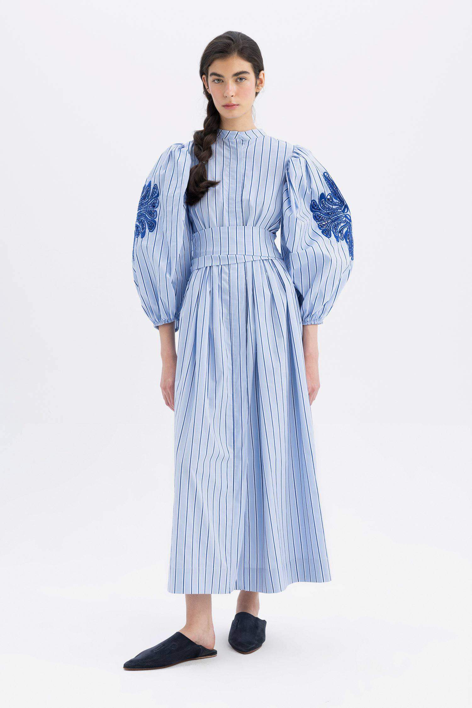 Grandad Collar Striped Poplin Balloon Sleeves Maxi Dress