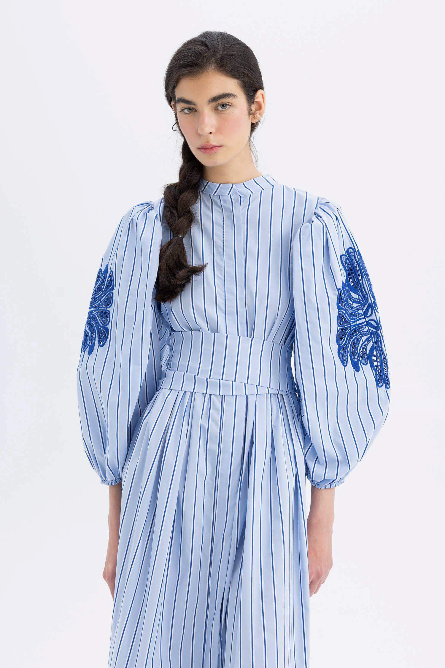 Grandad Collar Striped Poplin Balloon Sleeves Maxi Dress