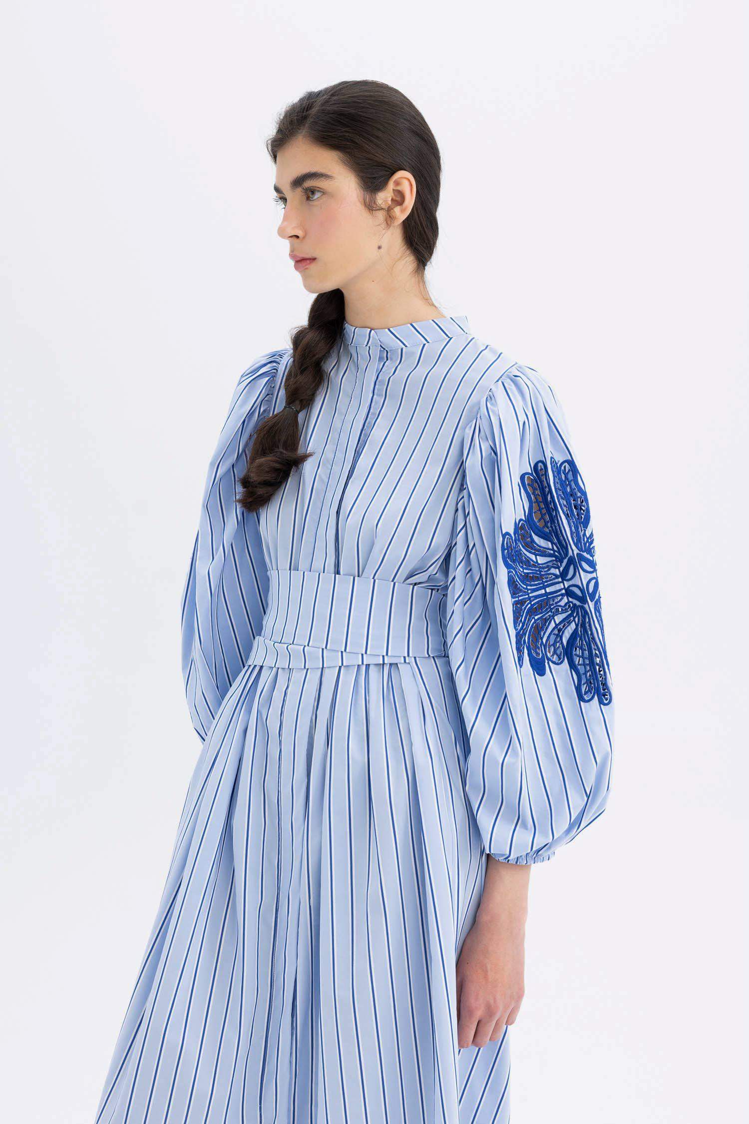 Grandad Collar Striped Poplin Balloon Sleeves Maxi Dress