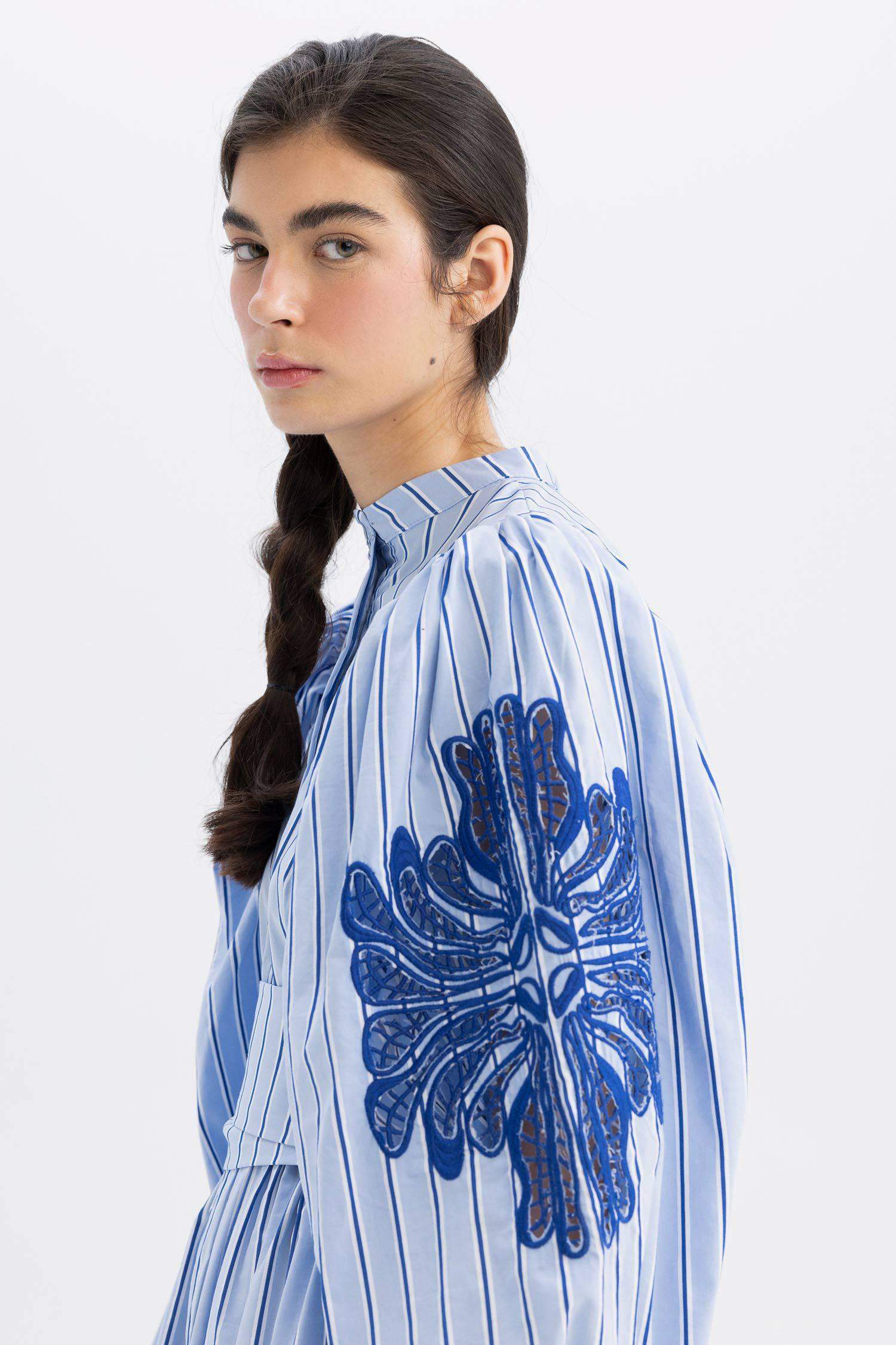 Grandad Collar Striped Poplin Balloon Sleeves Maxi Dress