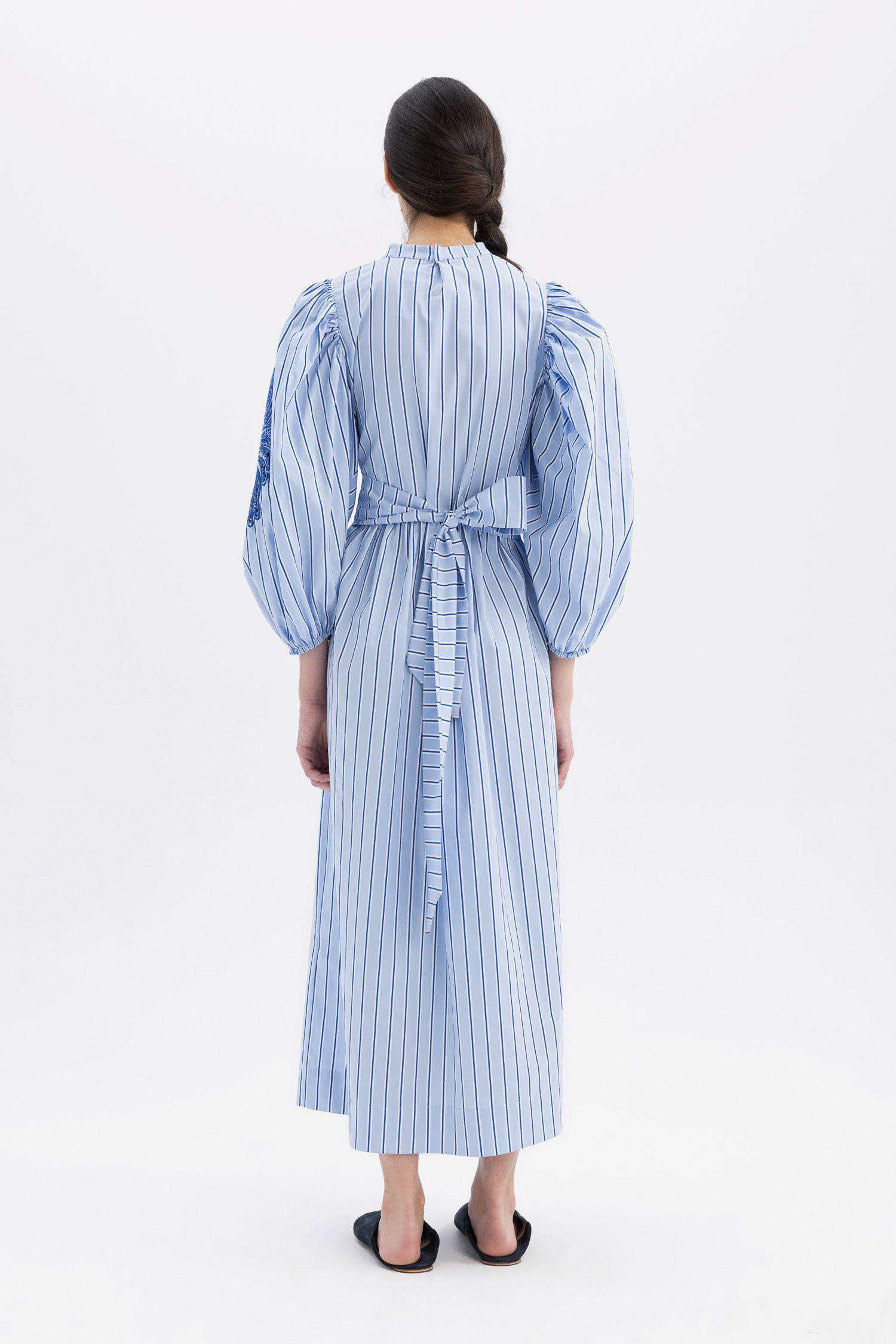 Grandad Collar Striped Poplin Balloon Sleeves Maxi Dress