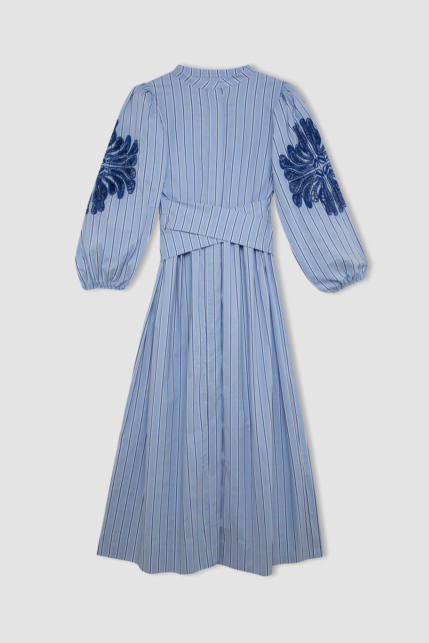 Grandad Collar Striped Poplin Balloon Sleeves Maxi Dress