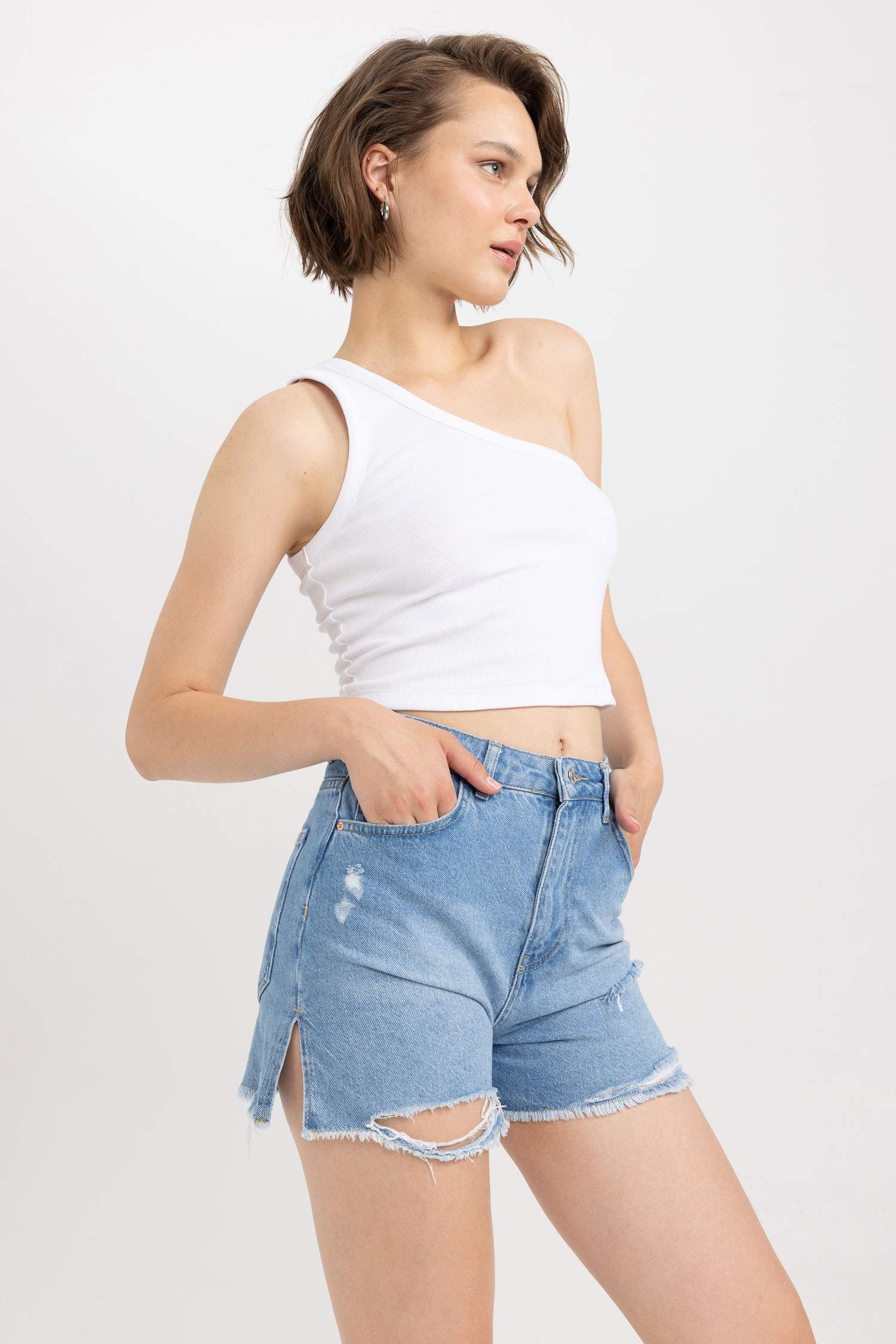 Fitted Corduroy Cotton One Shoulder Crop Top