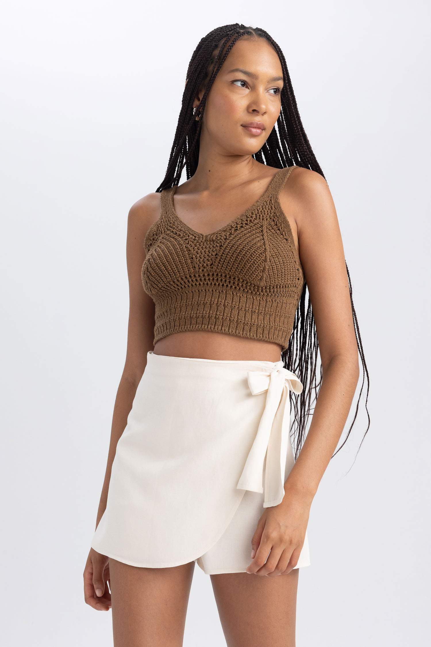 Normal Bel Keten Karışımlı Şort Etek