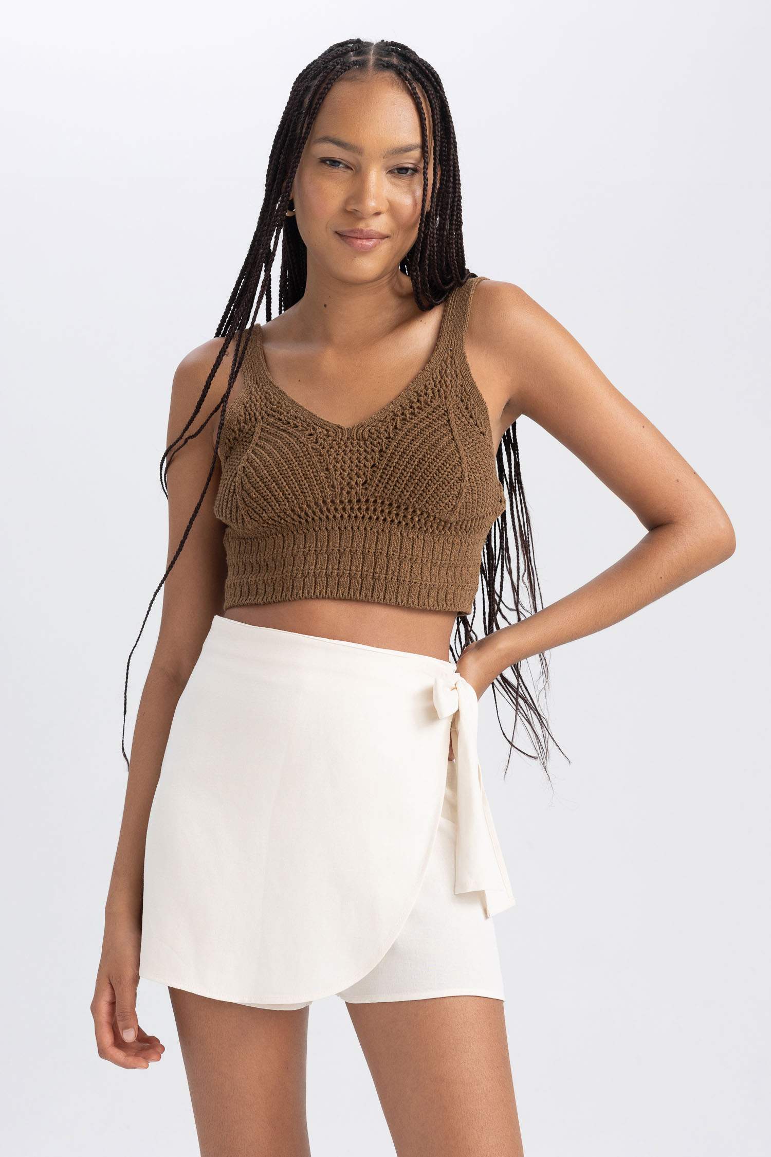 Normal Bel Keten Karışımlı Şort Etek