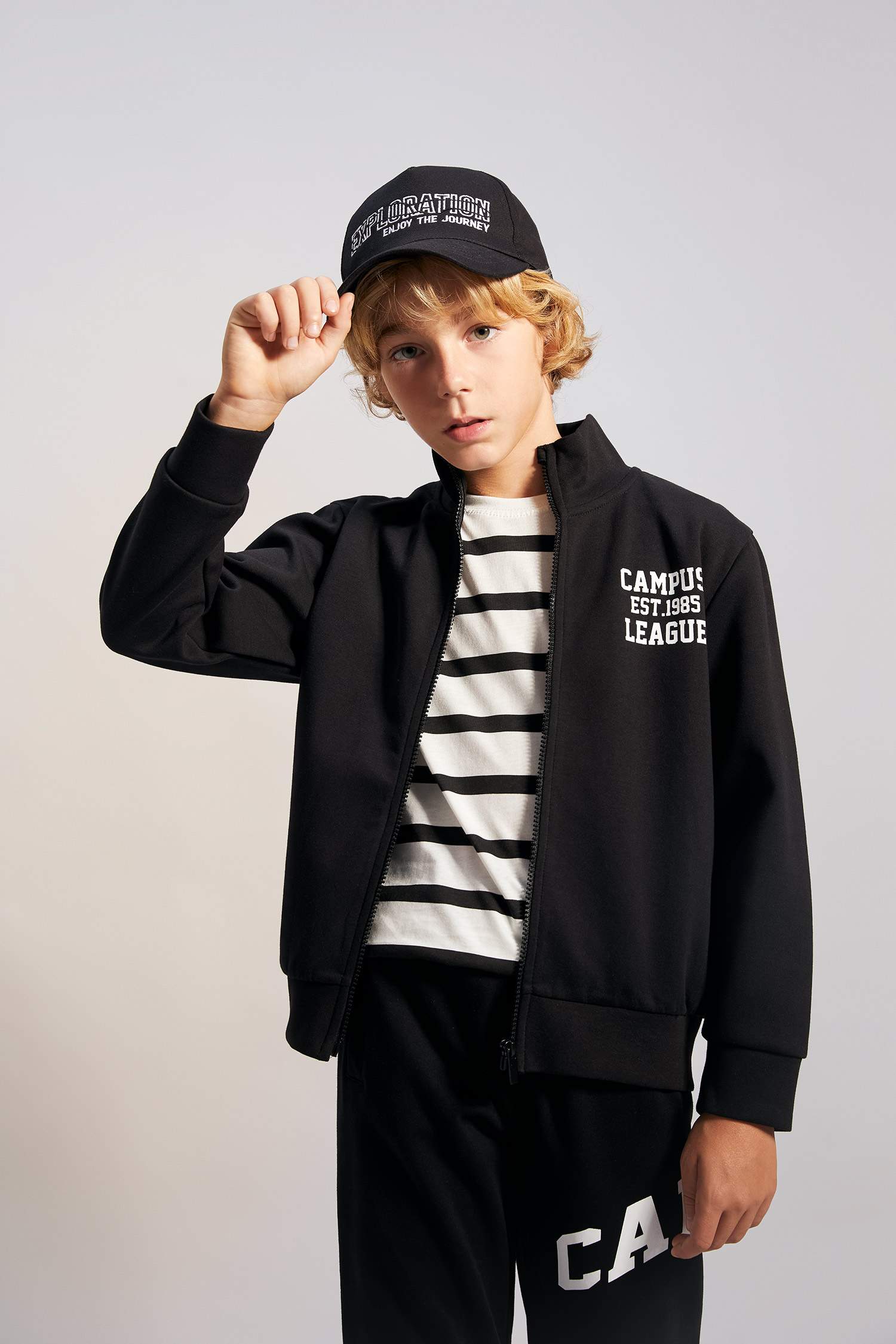 Boy Stand Collar Printed Zippered Sweatshirt