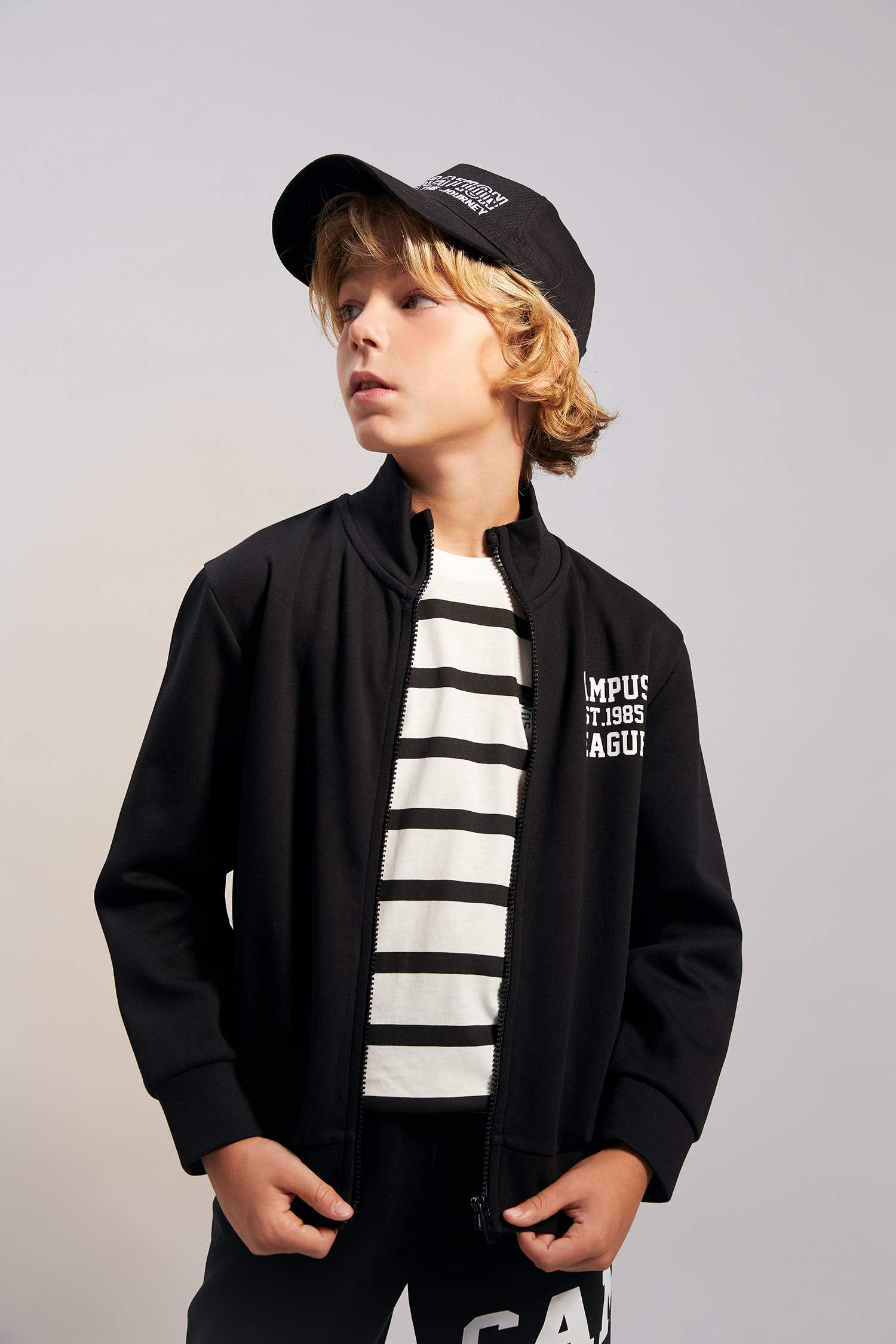 Boy Stand Collar Printed Zippered Sweatshirt