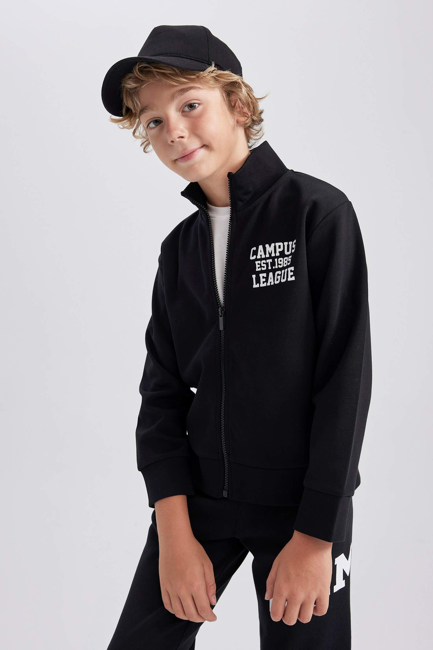 Boy Stand Collar Printed Zippered Sweatshirt