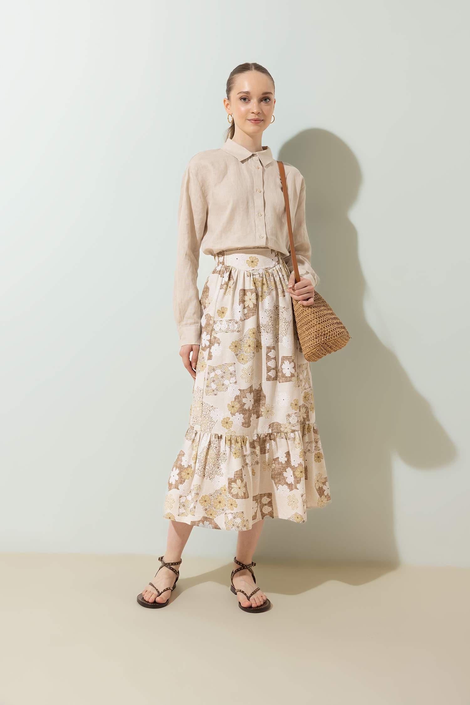 Юбка Вышитый принт из льна для женщин