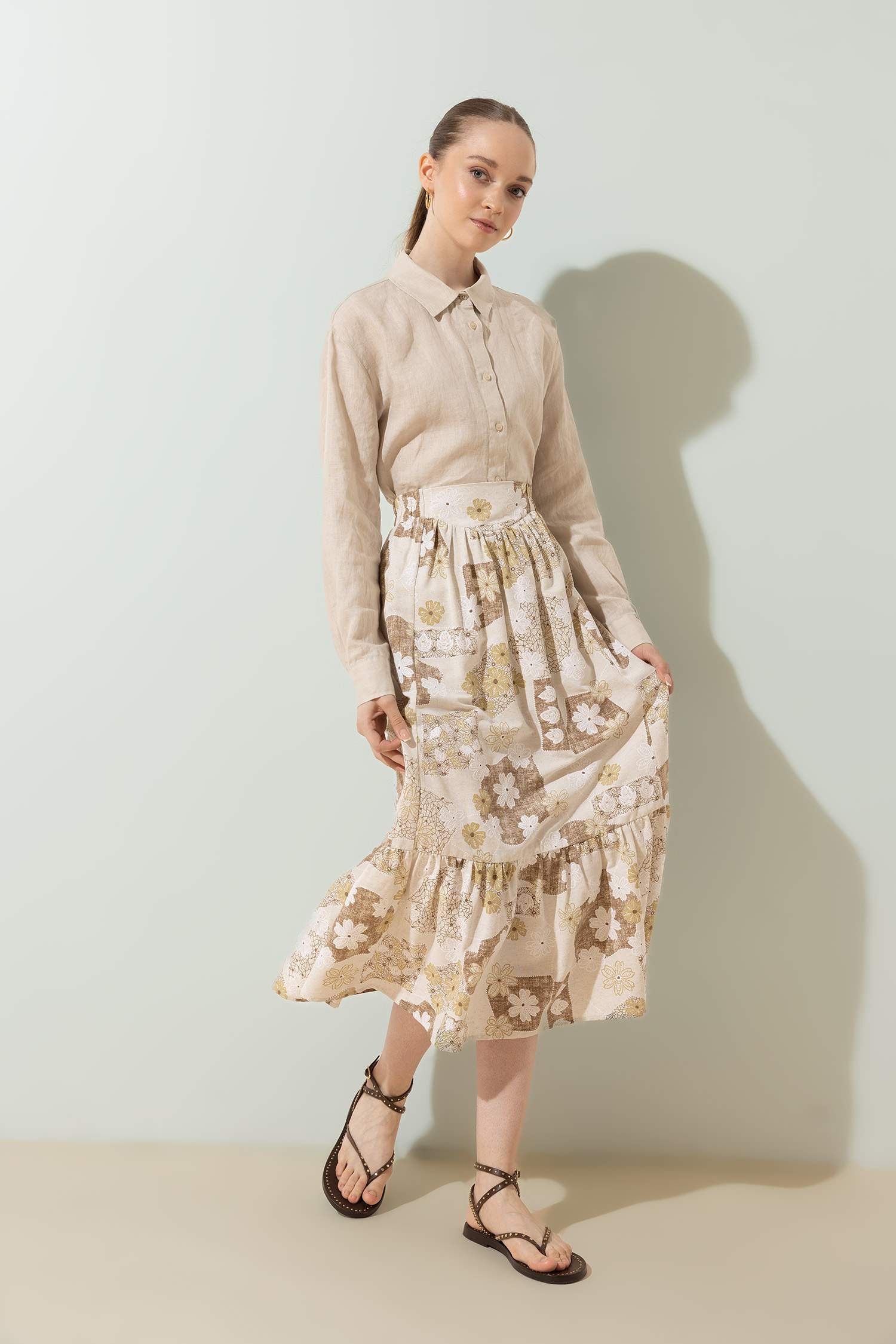 Юбка Вышитый принт из льна для женщин