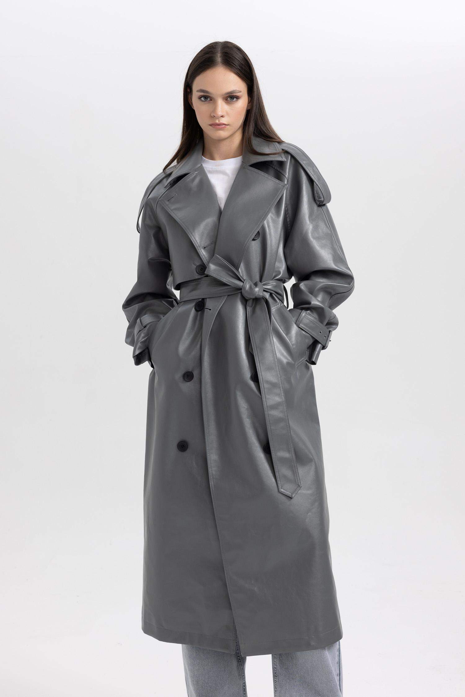 Relax Fit Faux Leather Trenchcoat