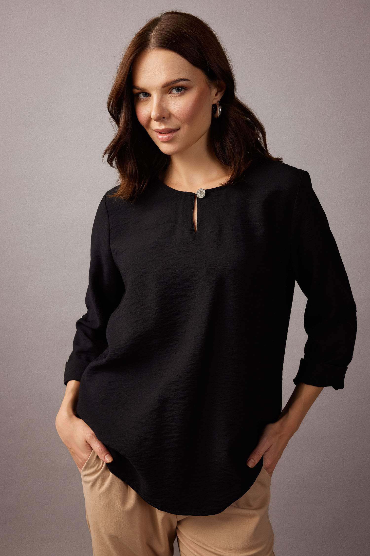 Regular Fit Round Collar Long Sleeve Blouse