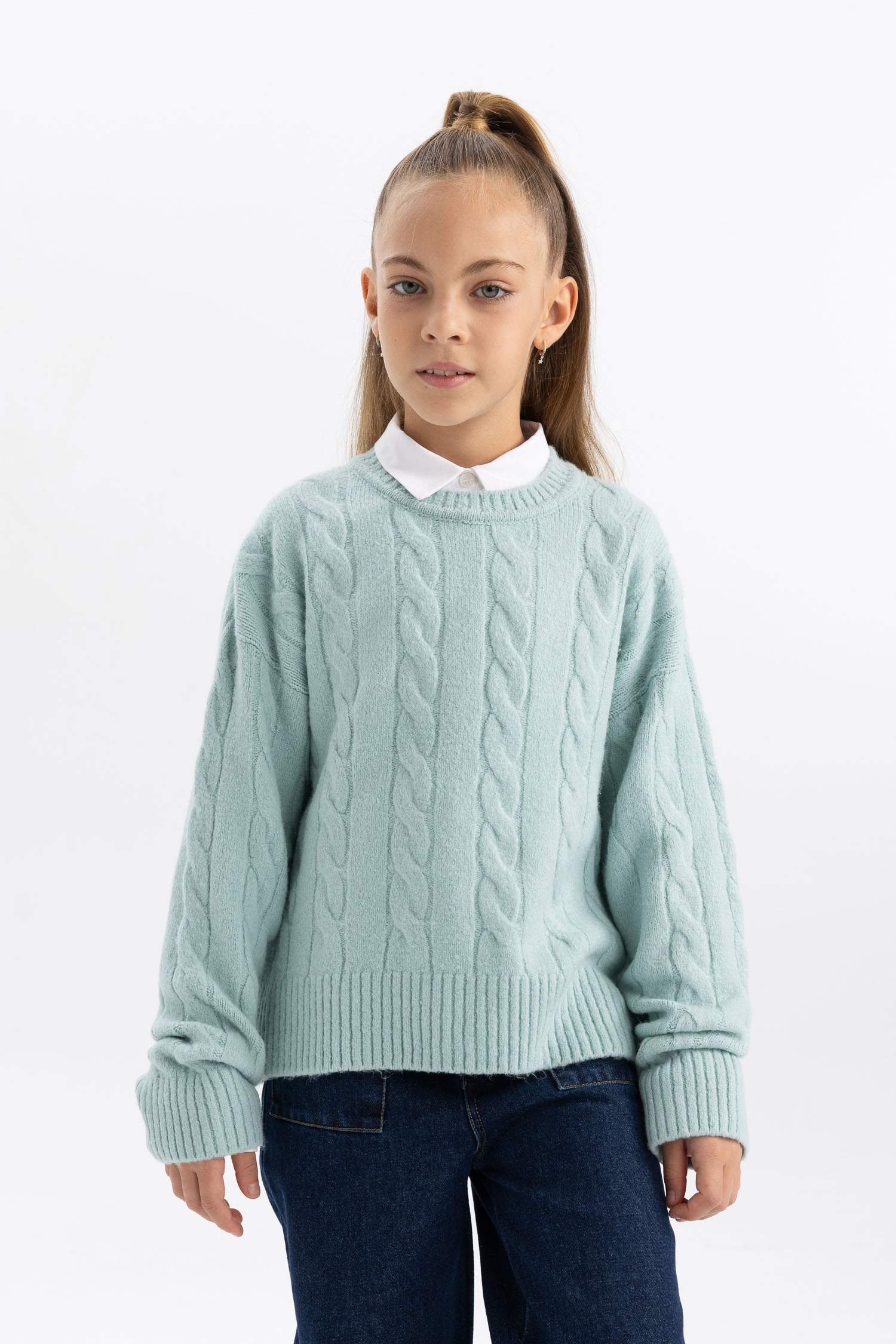 Kız Çocuk Bisiklet Yaka Saç Örgülü Triko Kazak