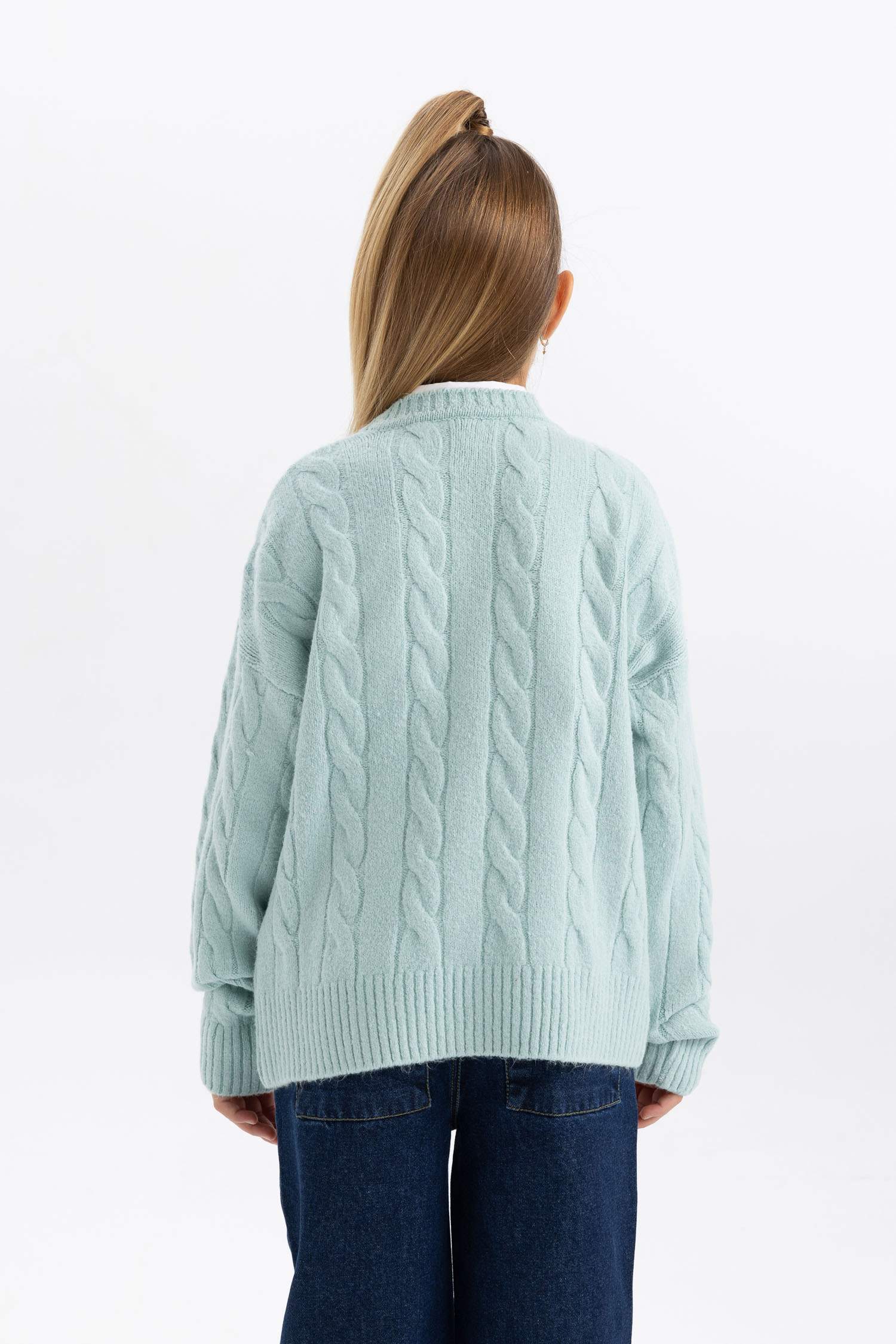 Kız Çocuk Bisiklet Yaka Saç Örgülü Triko Kazak