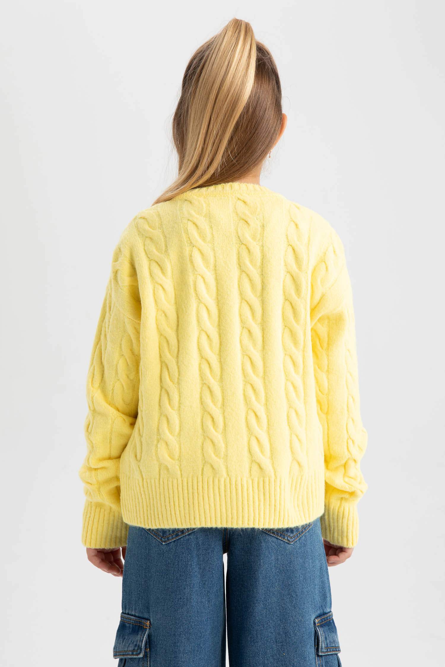 Kız Çocuk Bisiklet Yaka Saç Örgülü Triko Kazak