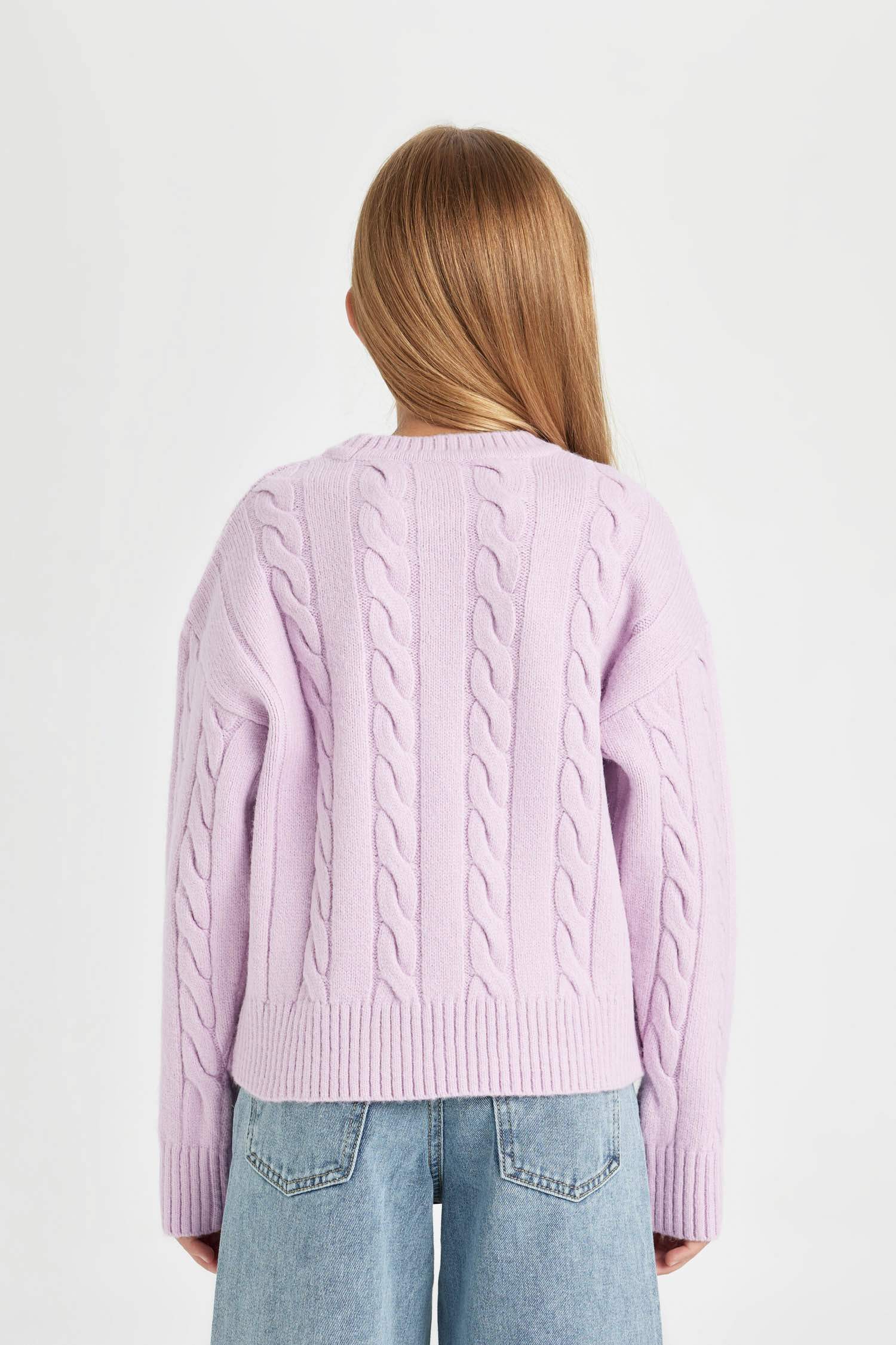 Kız Çocuk Bisiklet Yaka Saç Örgülü Triko Kazak