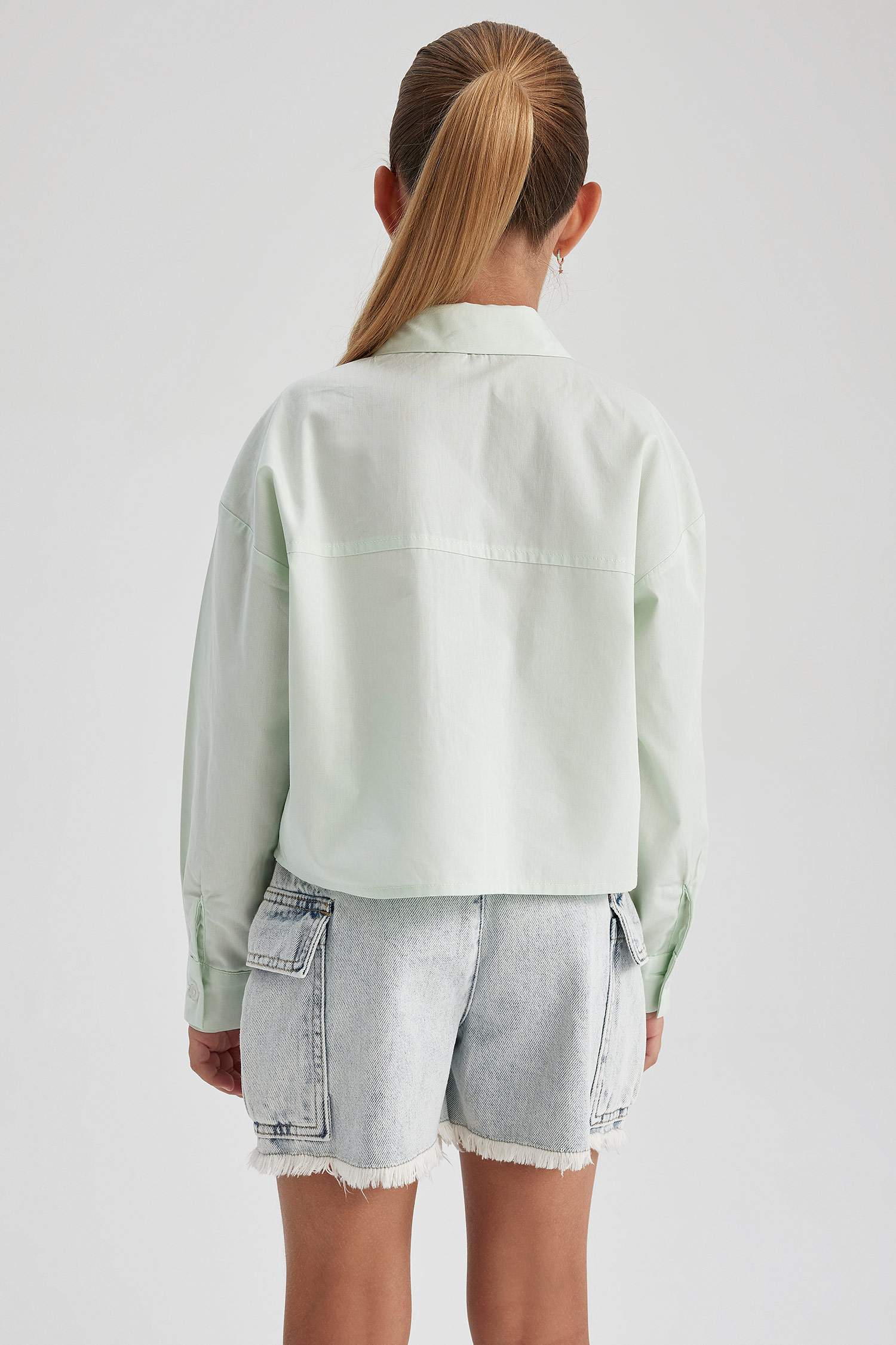 Kız Çocuk Cropped Fit Poplin Uzun Kollu Gömlek