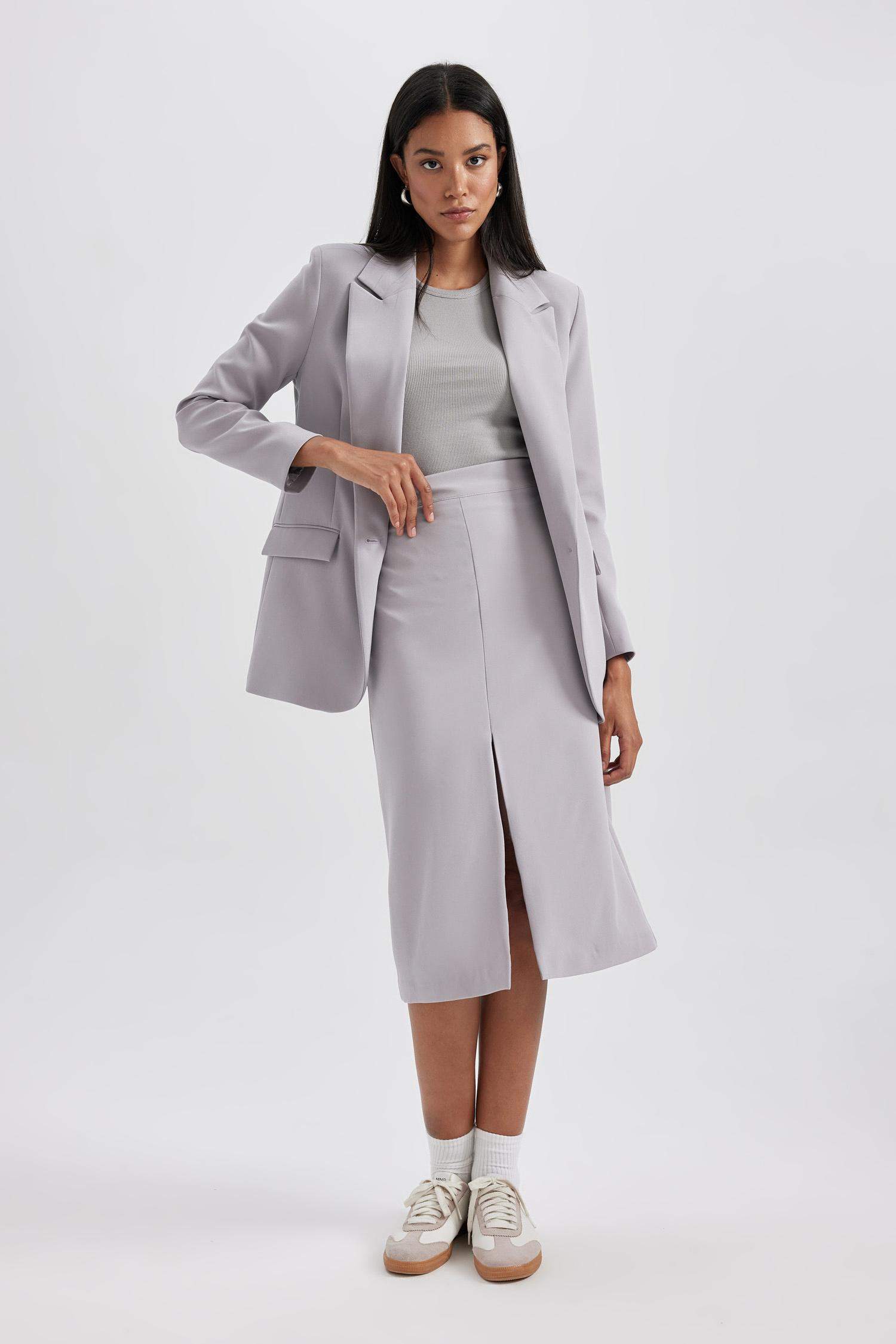 Normal Bel Astarlı Yırtmaçlı Midi Etek