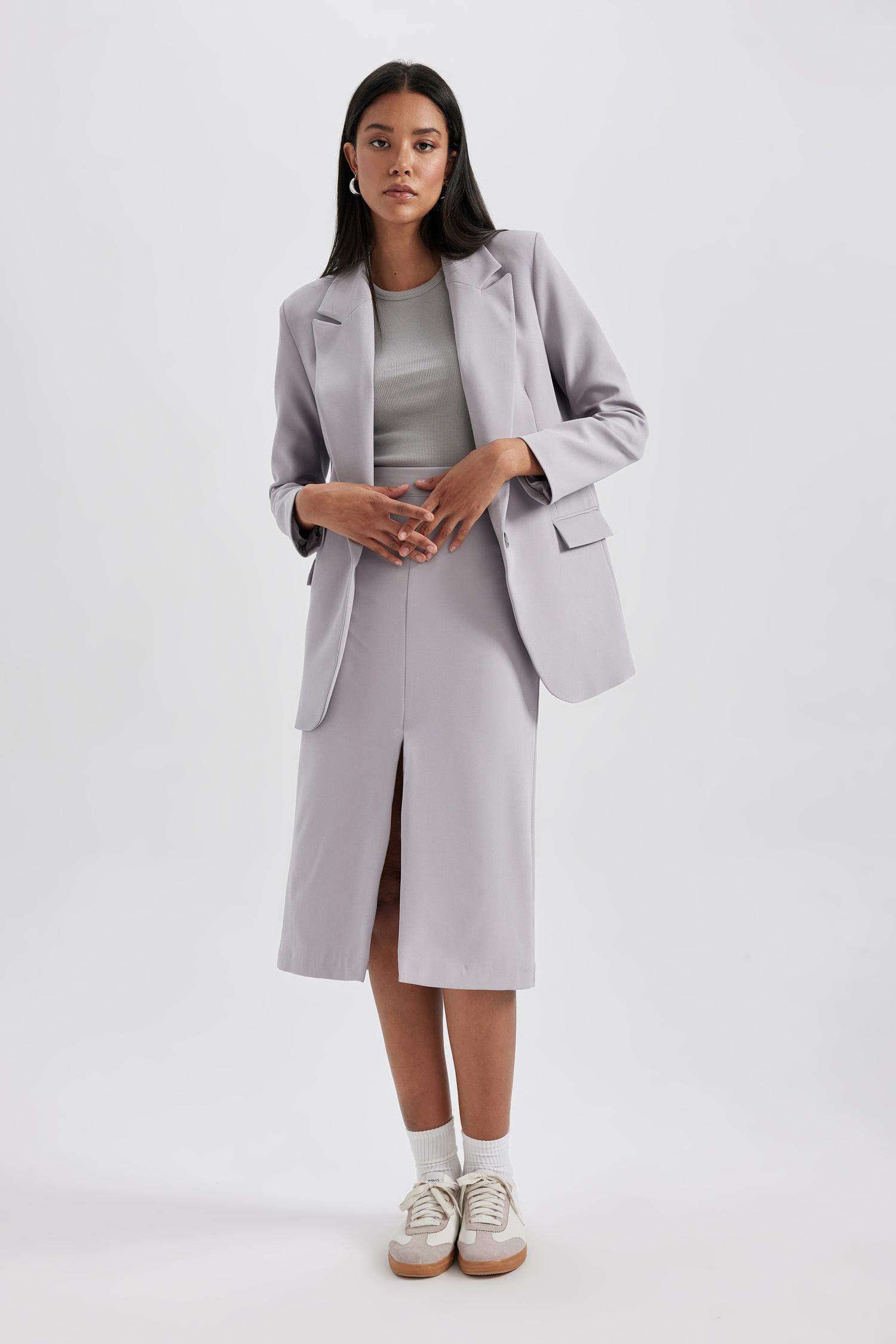 Normal Bel Astarlı Yırtmaçlı Midi Etek