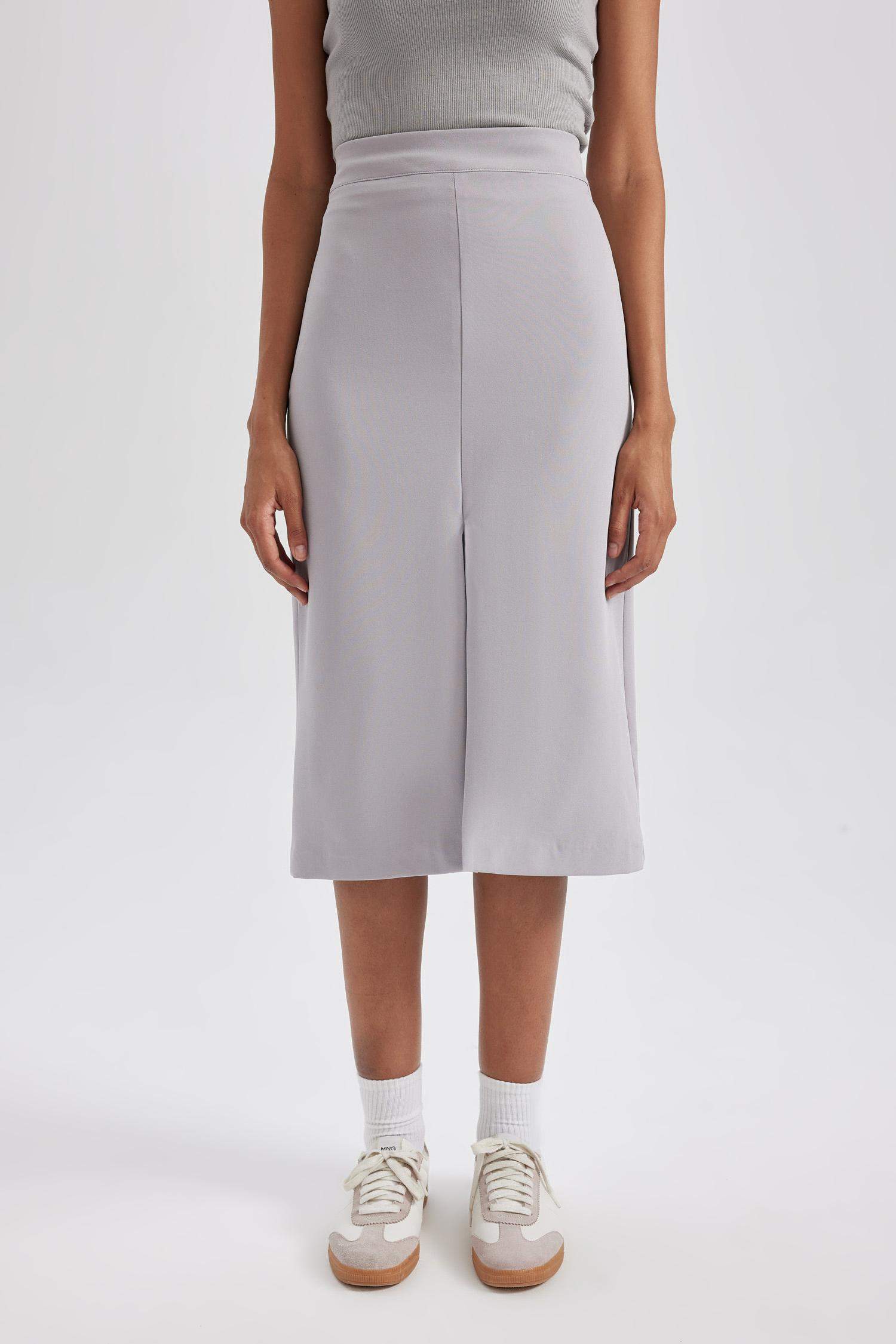 Normal Bel Astarlı Yırtmaçlı Midi Etek