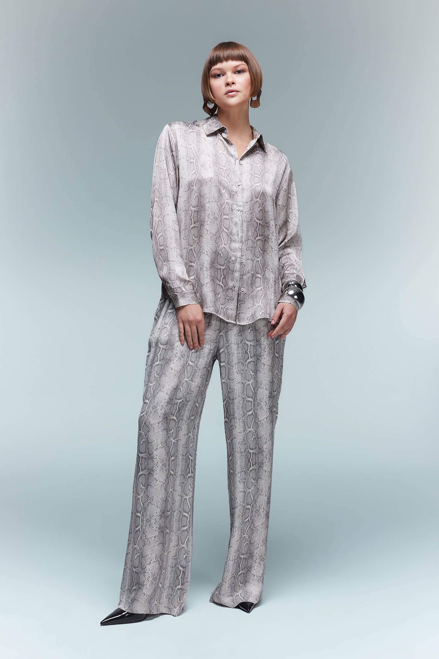 Wide Leg Patterned Pocket High Waist Long Satin Trousers