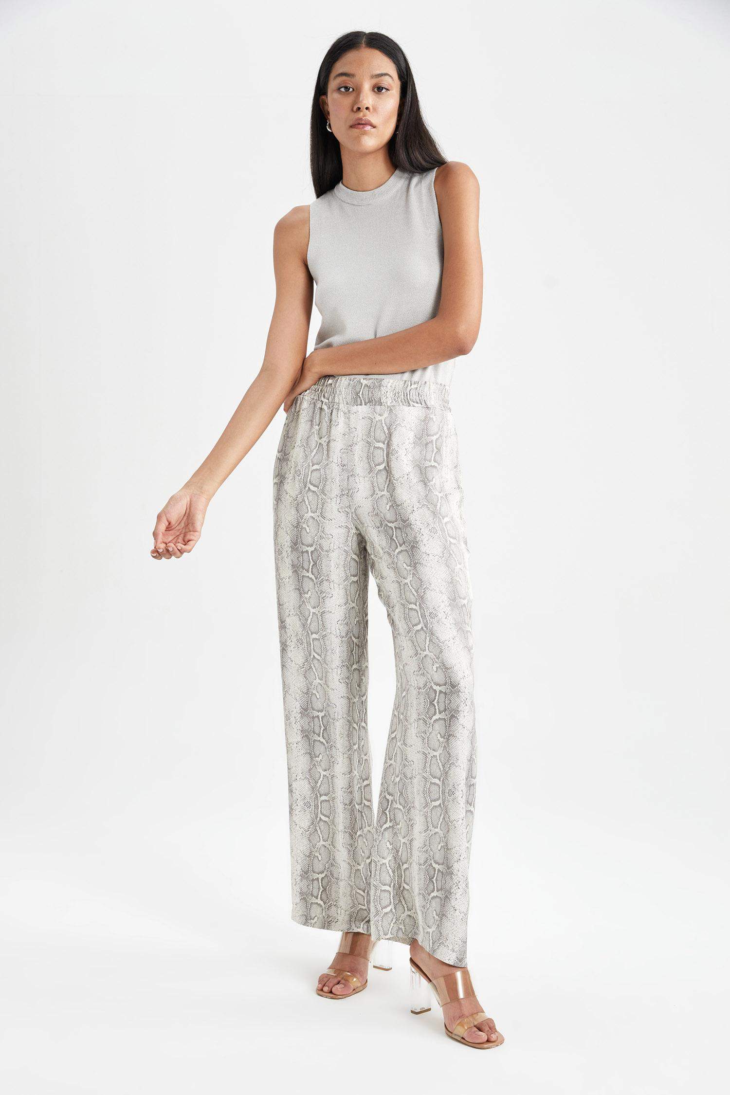 Wide Leg Patterned Pocket High Waist Long Satin Trousers