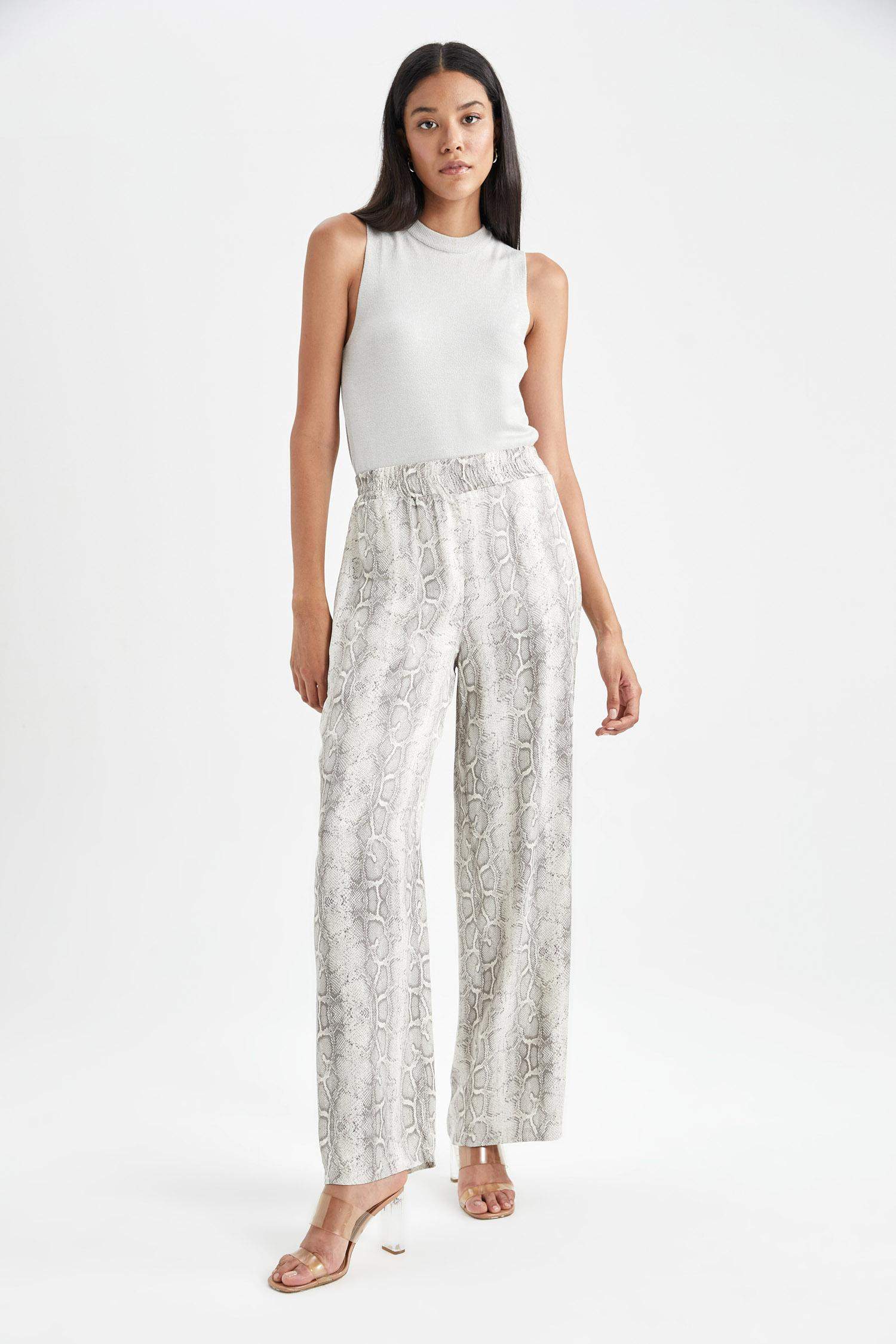 Wide Leg Patterned Pocket High Waist Long Satin Trousers