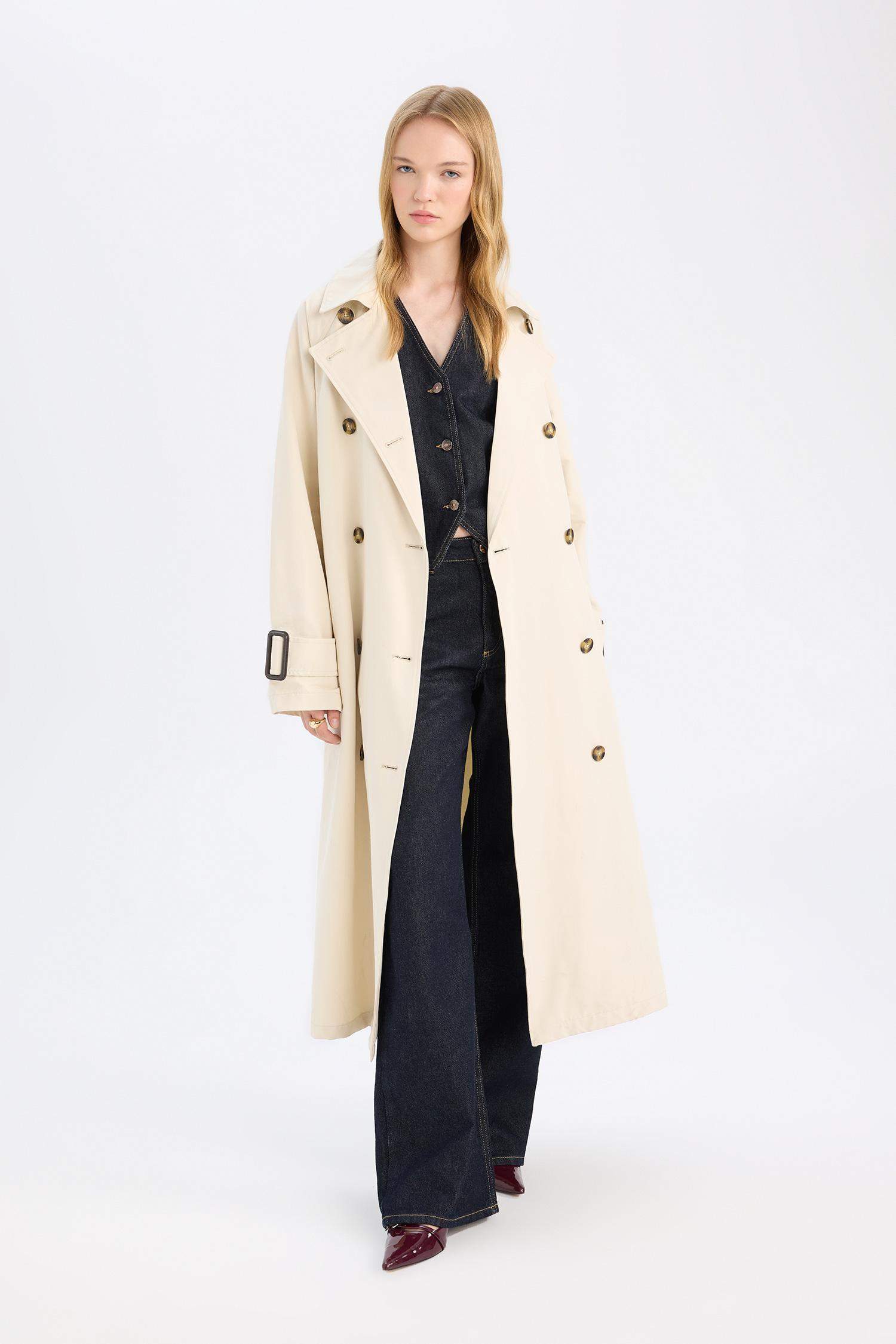 Su Geçirmez Uzun Trençkot Geniş Kalıp Kruvaze Yaka Düğmeli Apoletli Kemerli Mevsimlik