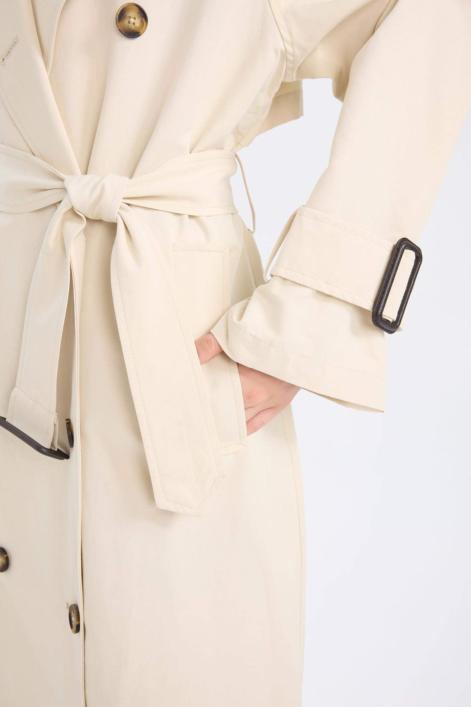 Su Geçirmez Uzun Trençkot Geniş Kalıp Kruvaze Yaka Düğmeli Apoletli Kemerli Mevsimlik