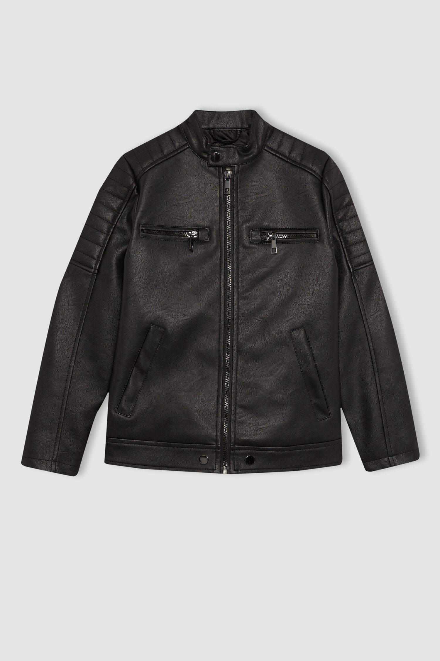 جاكيت ولادي جلد صناعي طارد للماء برقبة عالية