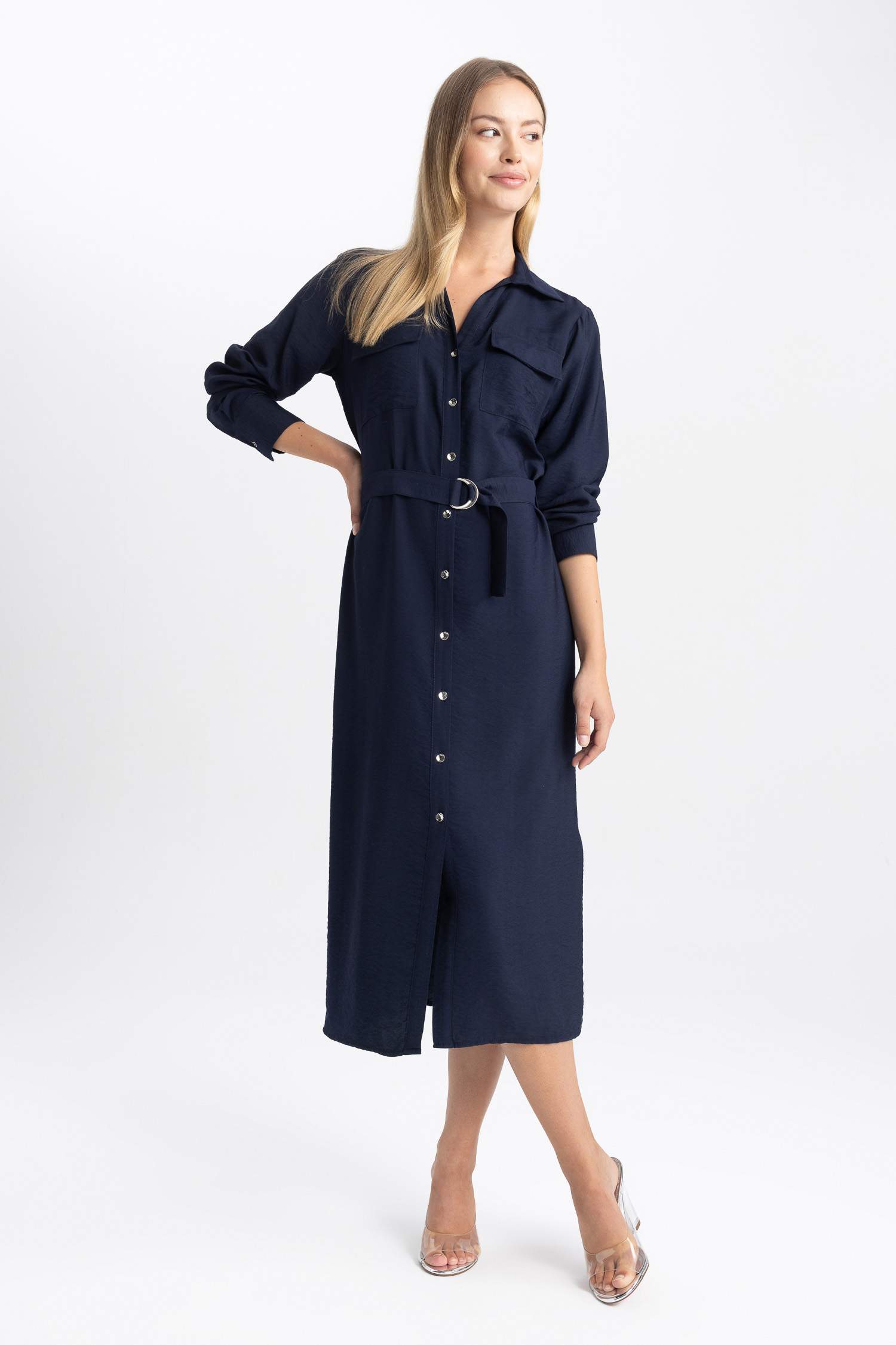 Navy WOMAN Shirt Collar Midi Long Sleeve Dress 2931958 | DeFacto