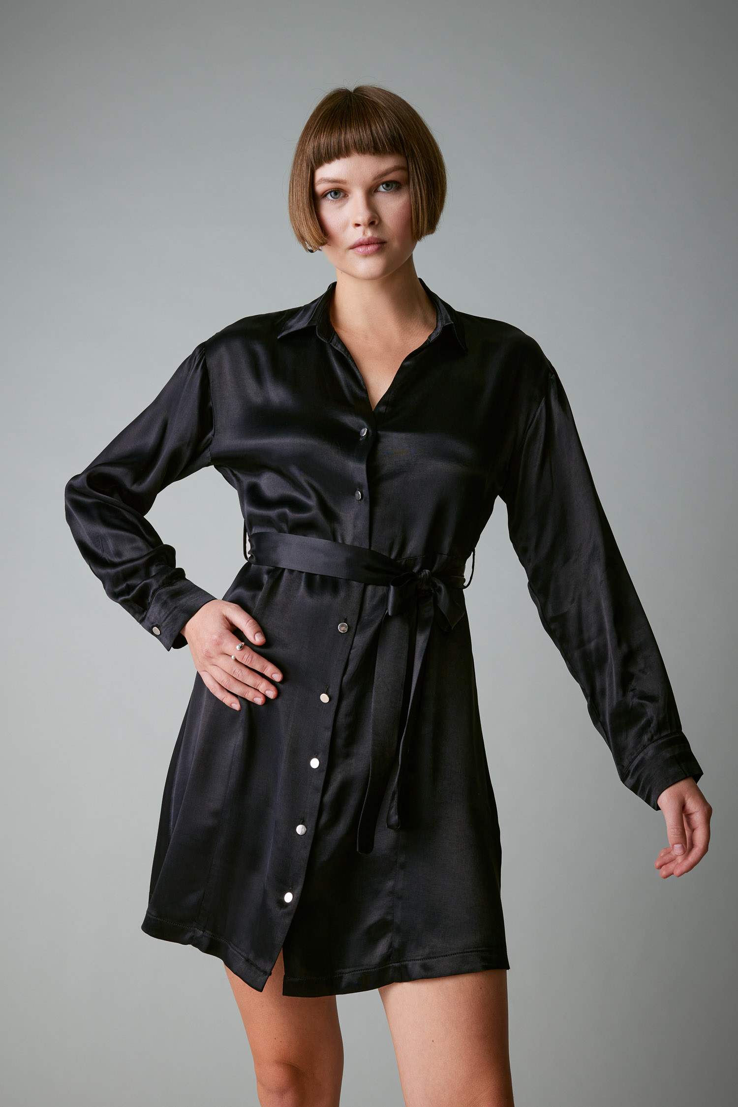 Shirt Collar Belted Satin Long Sleeve Mini Dress