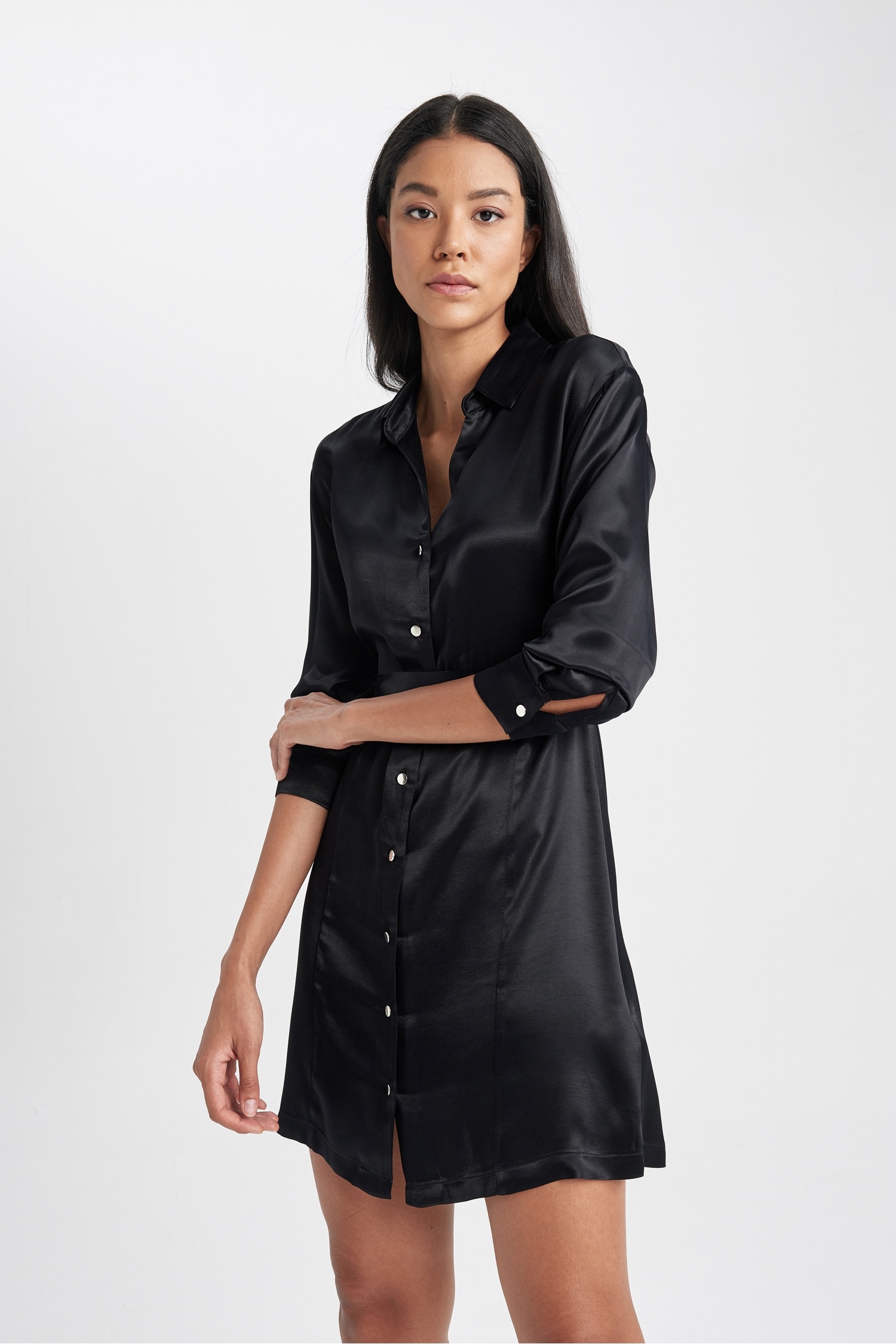 Shirt Collar Belted Satin Long Sleeve Mini Dress