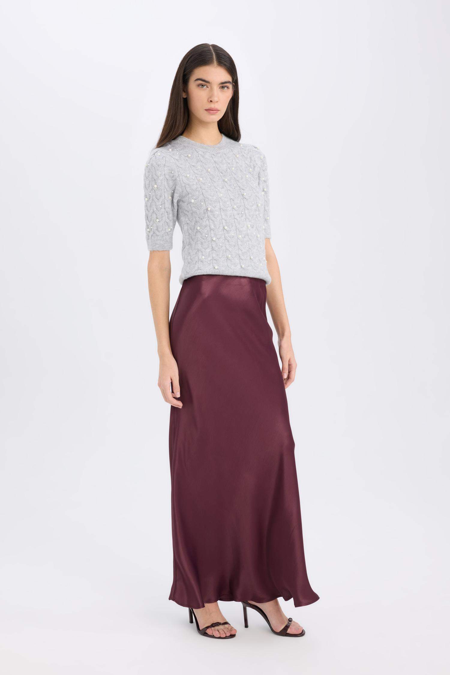 A Kesim Normal Bel Saten Midi Etek