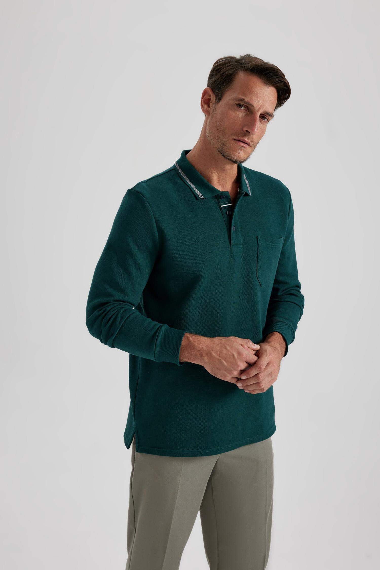 Regular Fit Polo Neck Pique Basic Sweatshirt