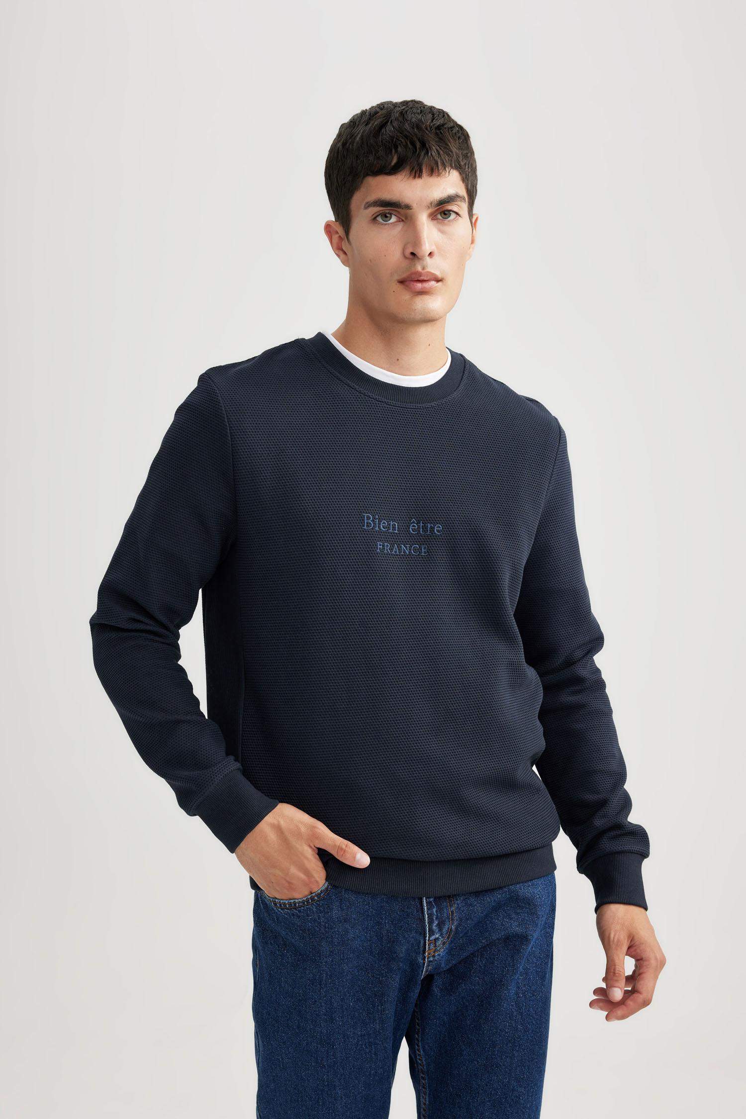 Regular Fit Crew Neck Printed Waffle Sweatshirt