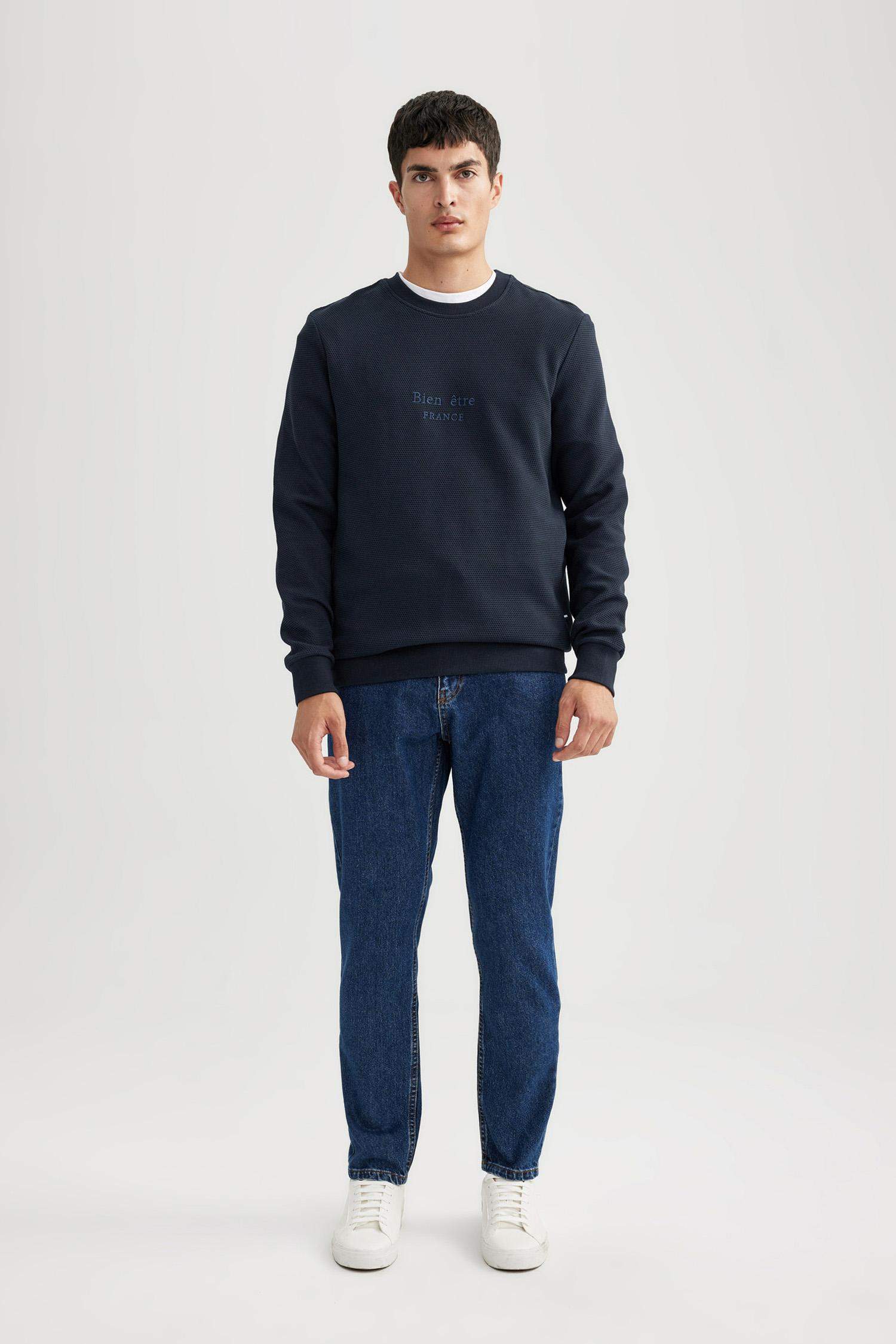 Regular Fit Crew Neck Printed Waffle Sweatshirt