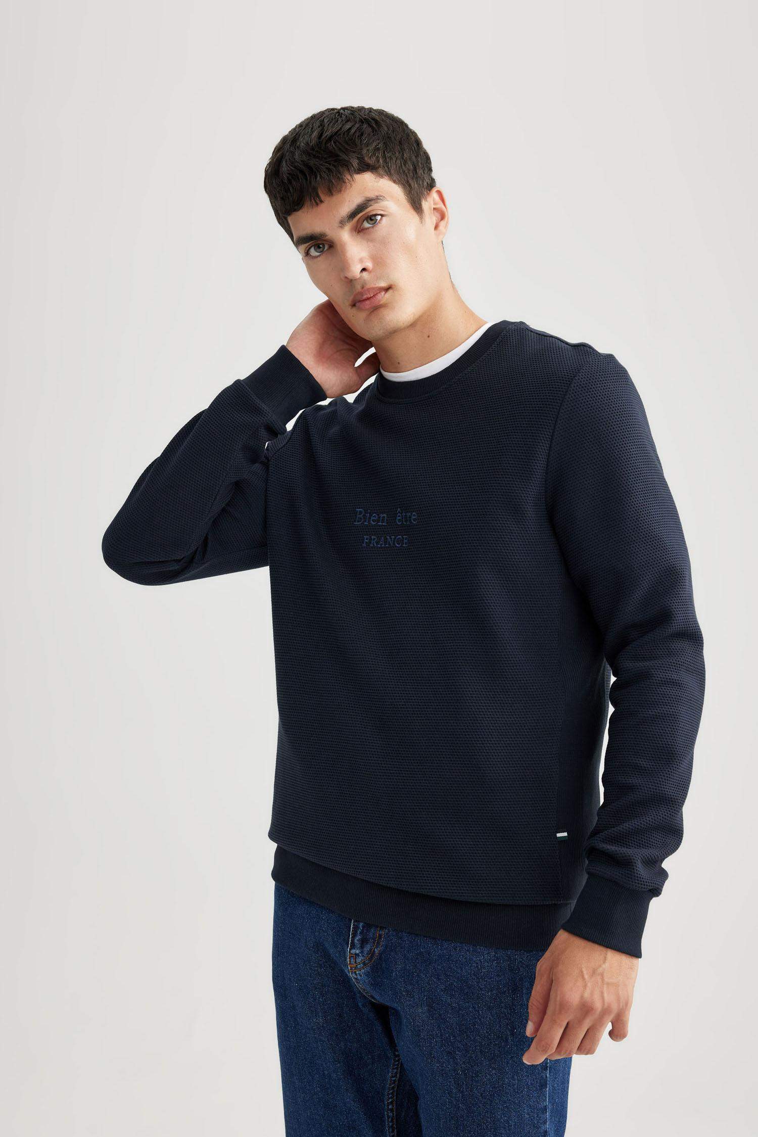 Regular Fit Crew Neck Printed Waffle Sweatshirt