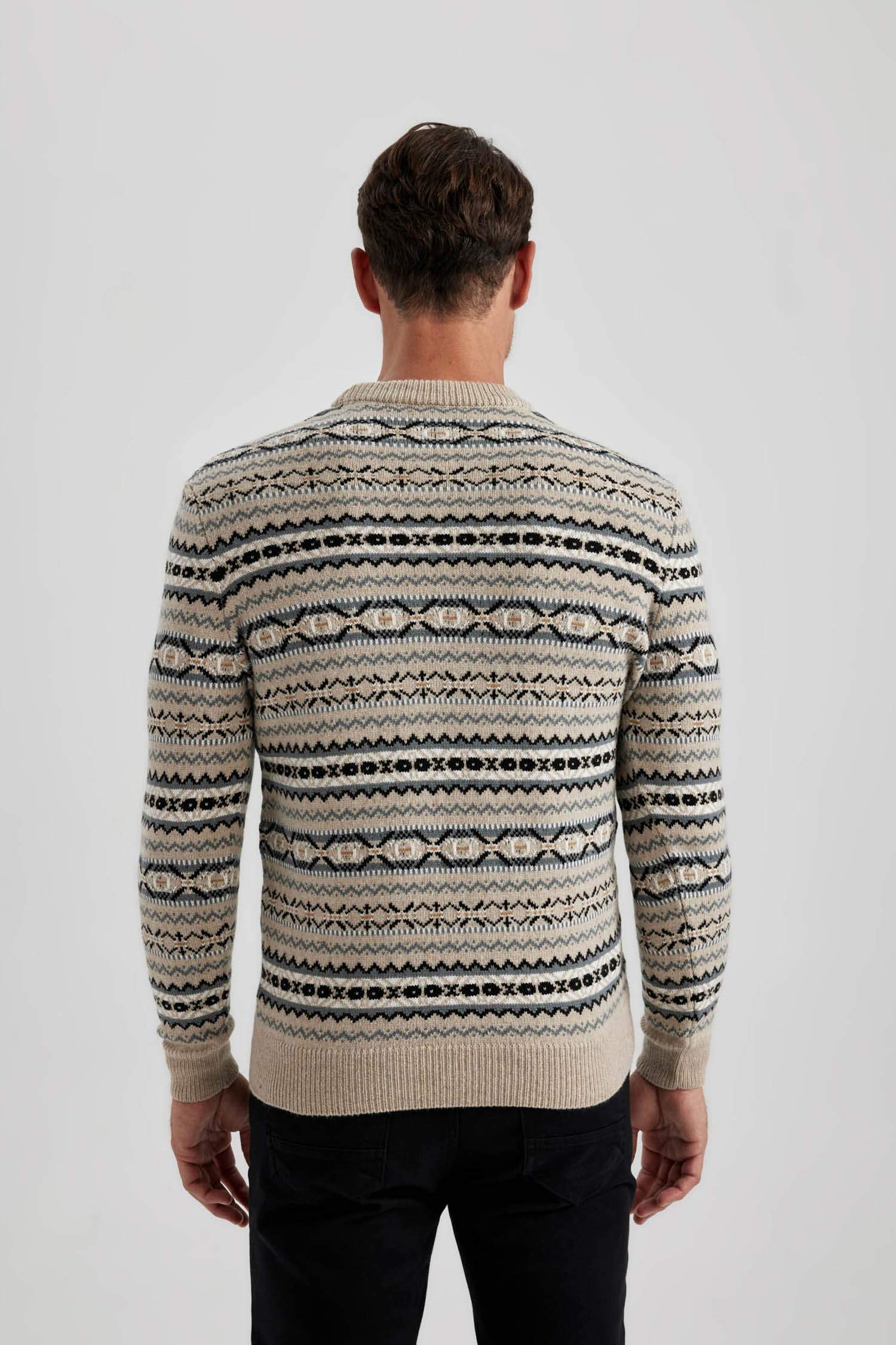 Standard Fit Patterned Crew Neck Knitted Pullover