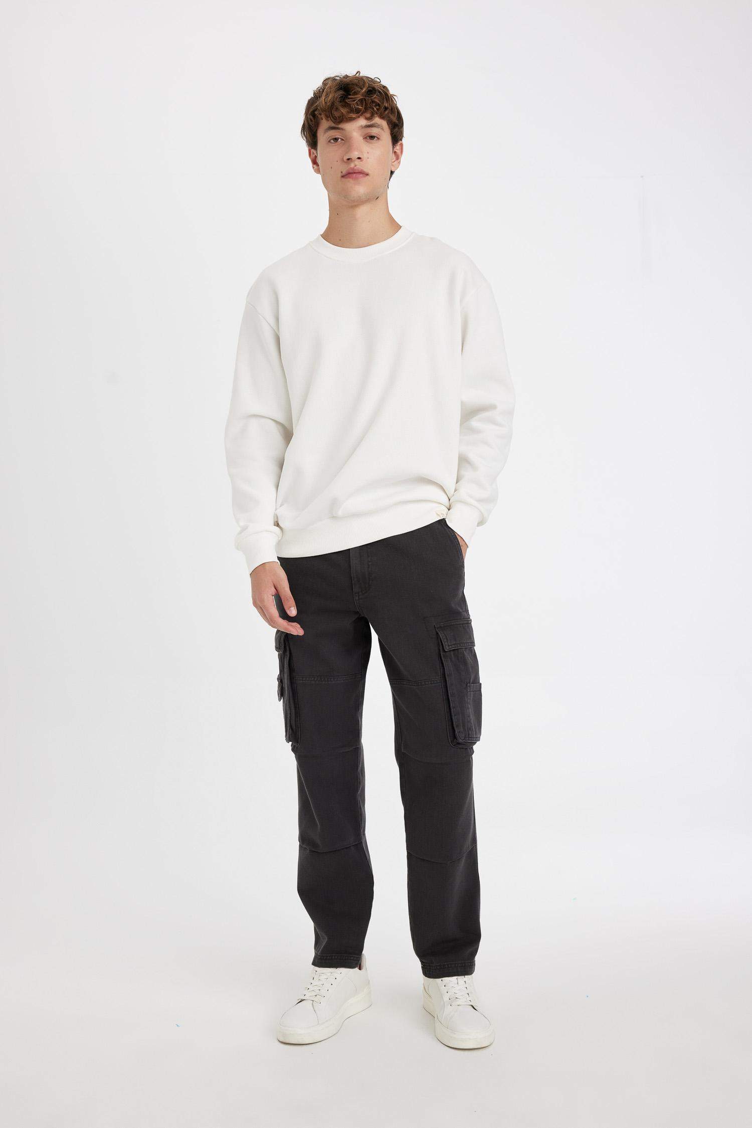 %100 Pamuk Pantolon Wide Leg Fit Geniş Kalıp Normal Bel Geniş Paça Kargo Cepli