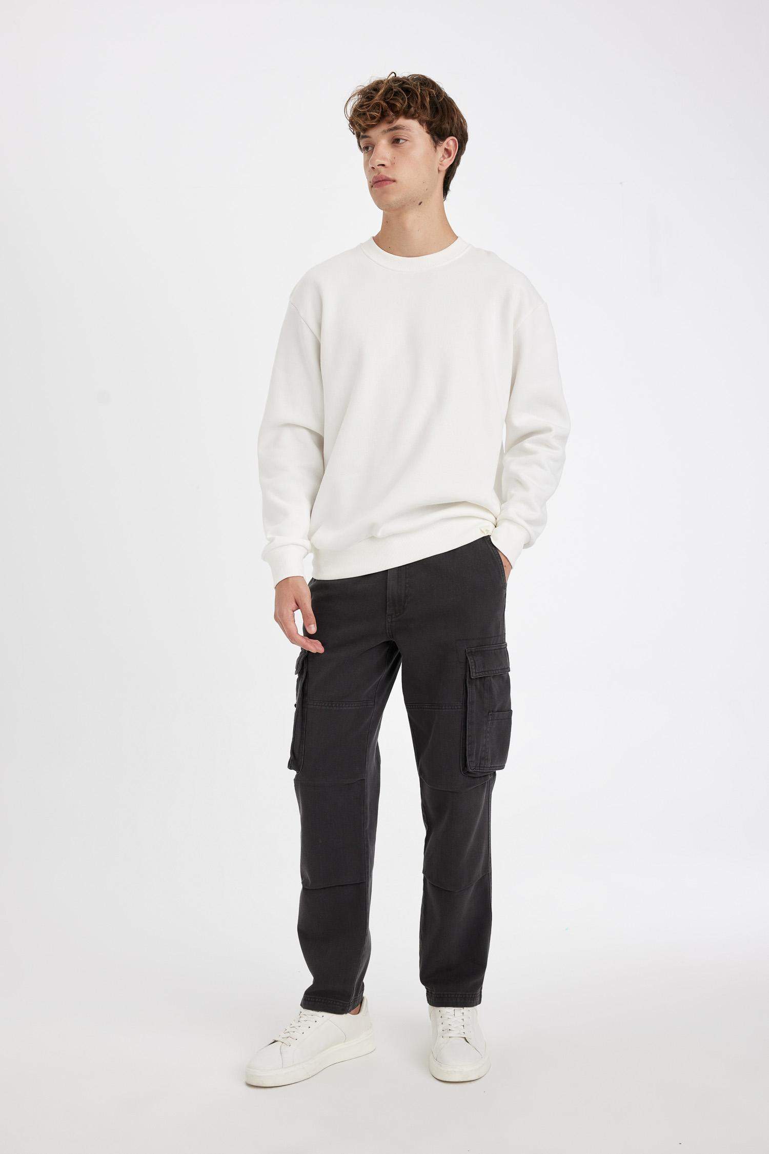 %100 Pamuk Pantolon Wide Leg Fit Geniş Kalıp Normal Bel Geniş Paça Kargo Cepli