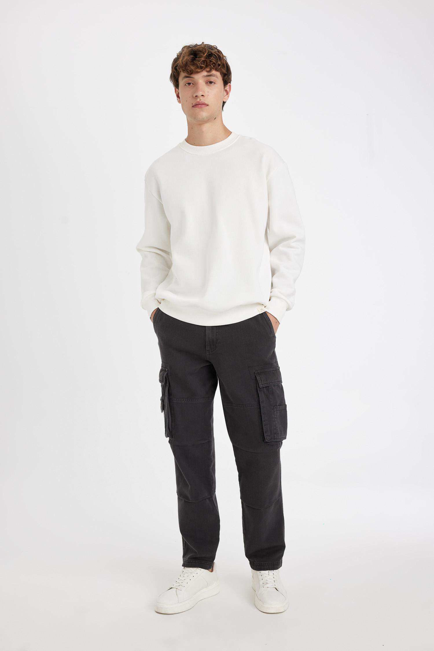 %100 Pamuk Pantolon Wide Leg Fit Geniş Kalıp Normal Bel Geniş Paça Kargo Cepli