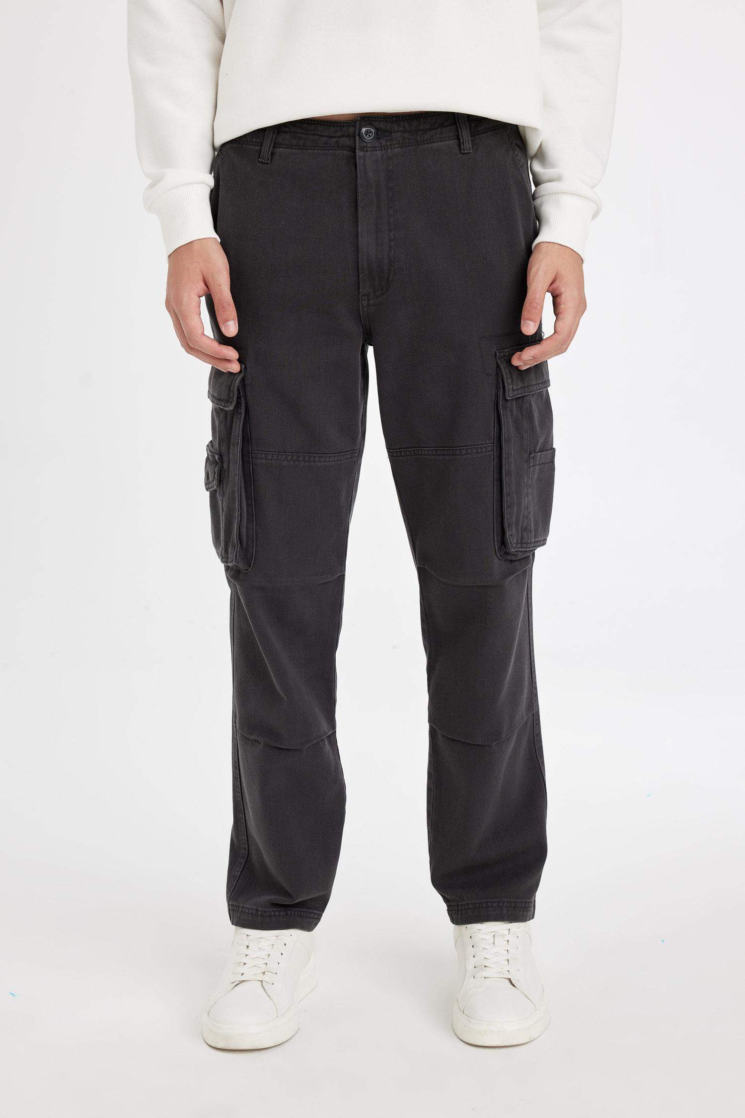 %100 Pamuk Pantolon Wide Leg Fit Geniş Kalıp Normal Bel Geniş Paça Kargo Cepli