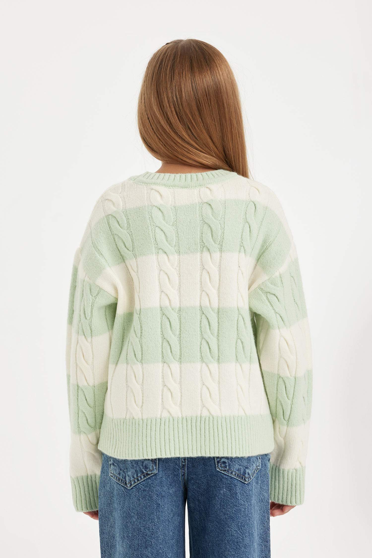 Kız Çocuk Çizgili Bisiklet Yaka Saç Örgülü Triko Kazak