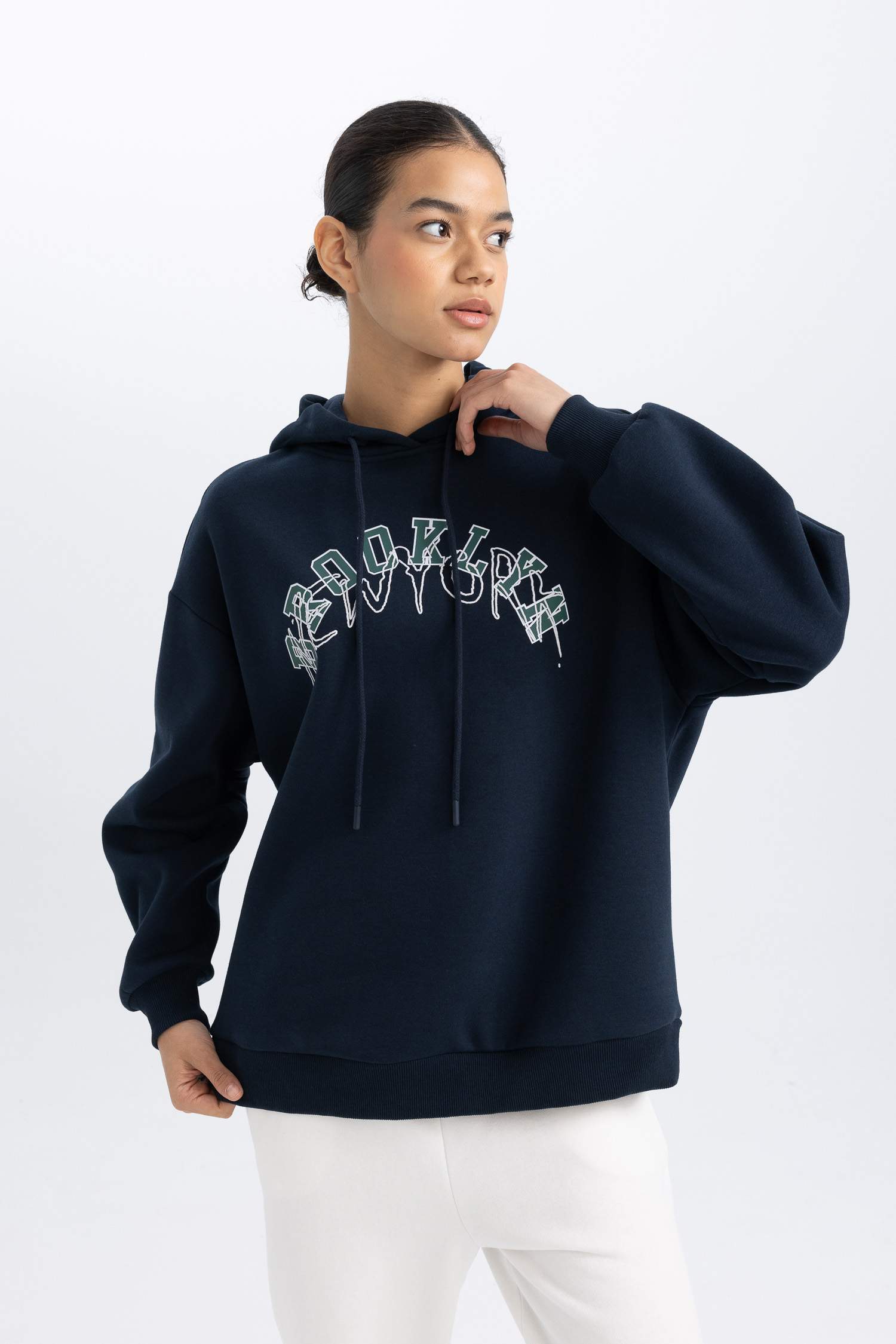 DeFactoFit Oversize Fit Baskılı Kapüşonlu Kalın Sporcu Sweatshirt