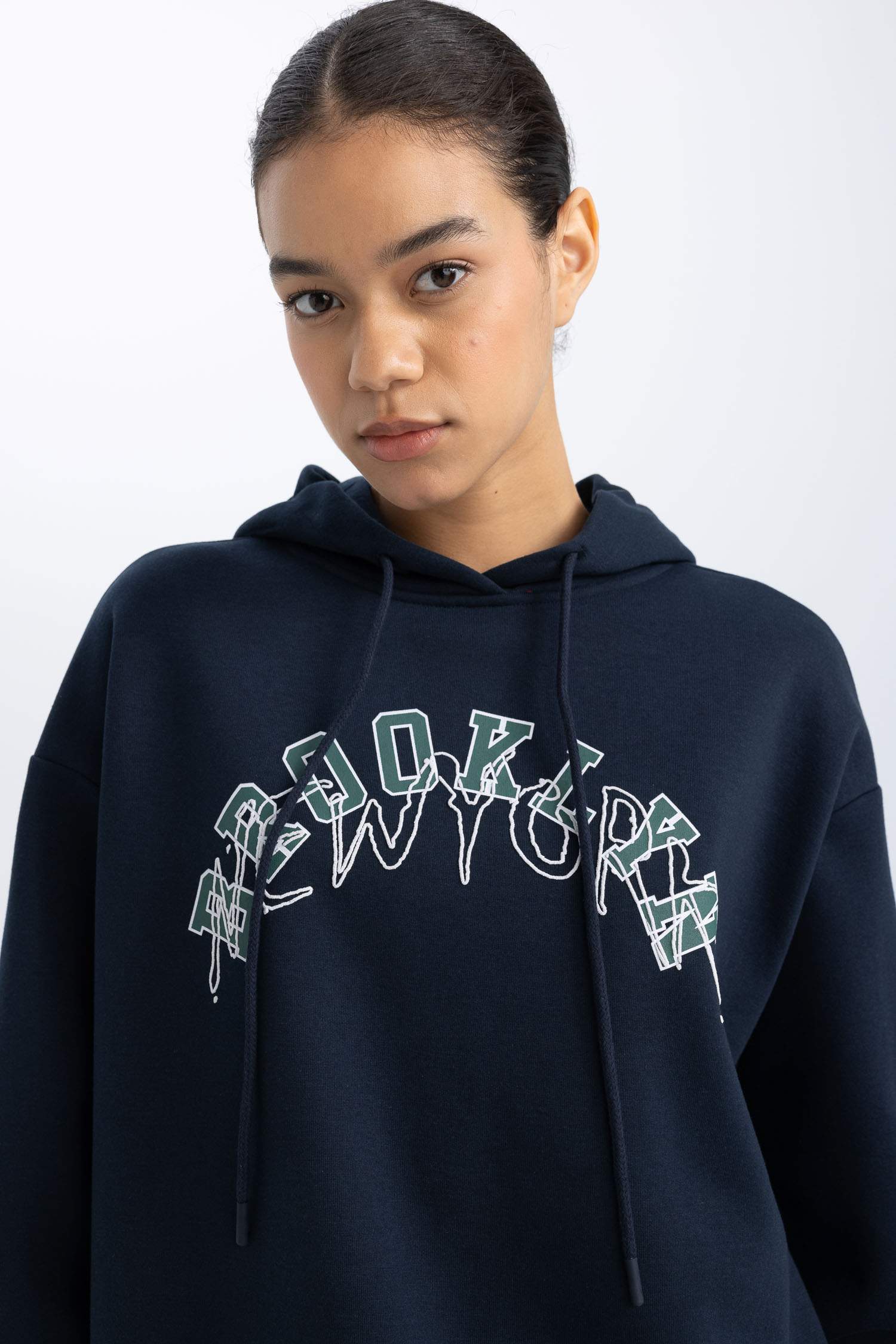 DeFactoFit Oversize Fit Baskılı Kapüşonlu Kalın Sporcu Sweatshirt