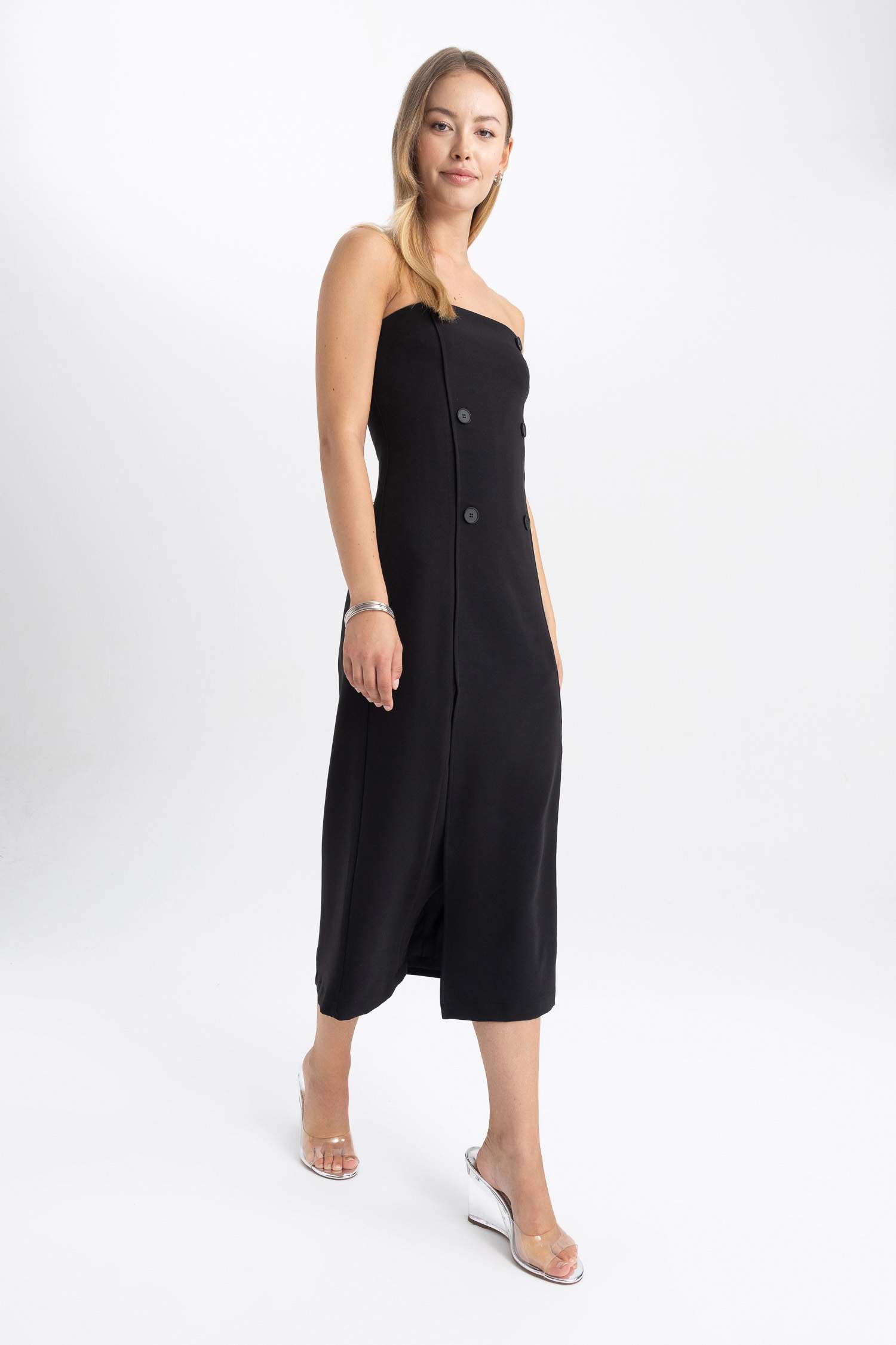 Straplez Basic Düz Yırtmaçlı Midi Siyah Abiye Elbise