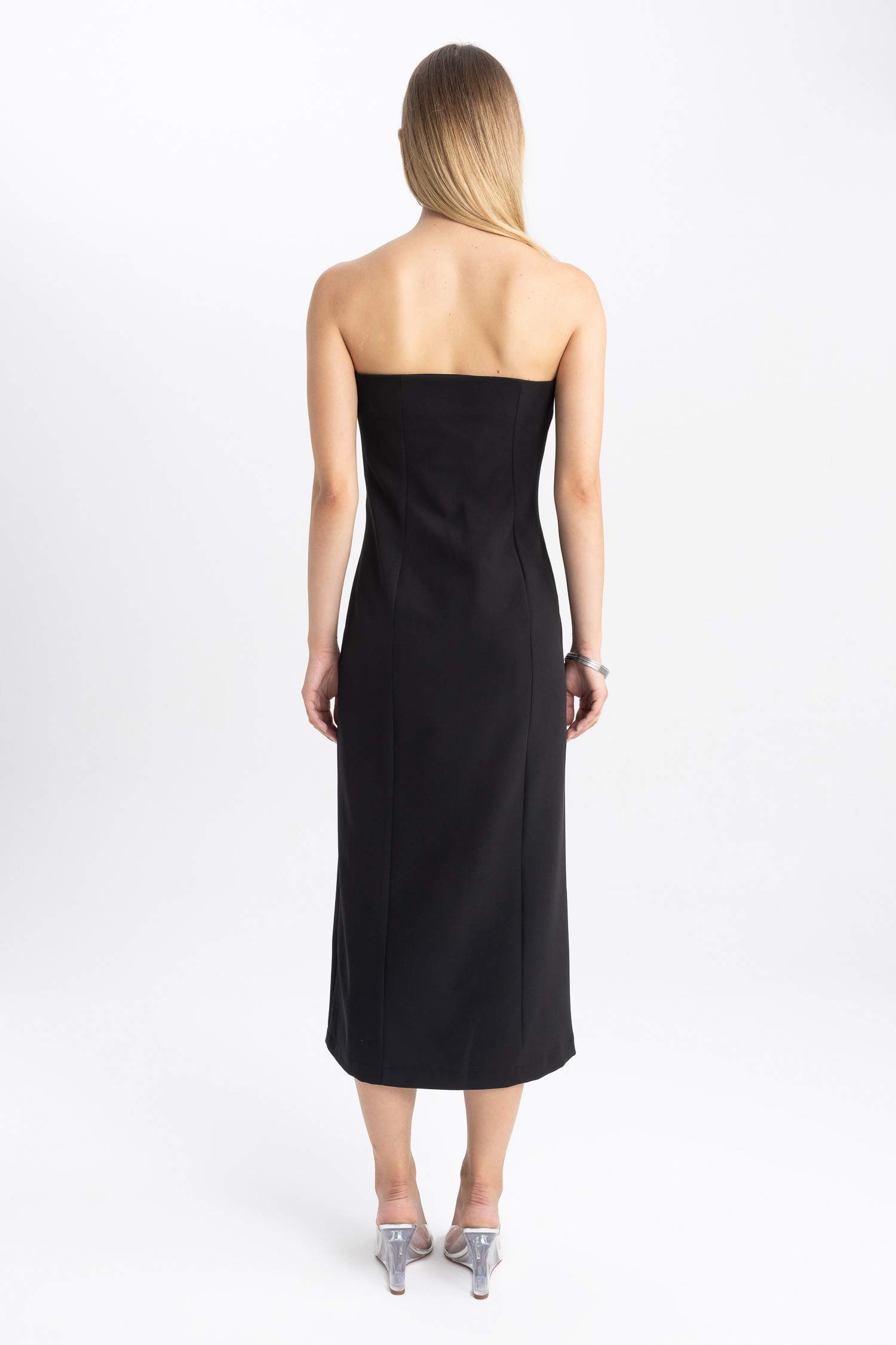 Straplez Basic Düz Yırtmaçlı Midi Siyah Abiye Elbise