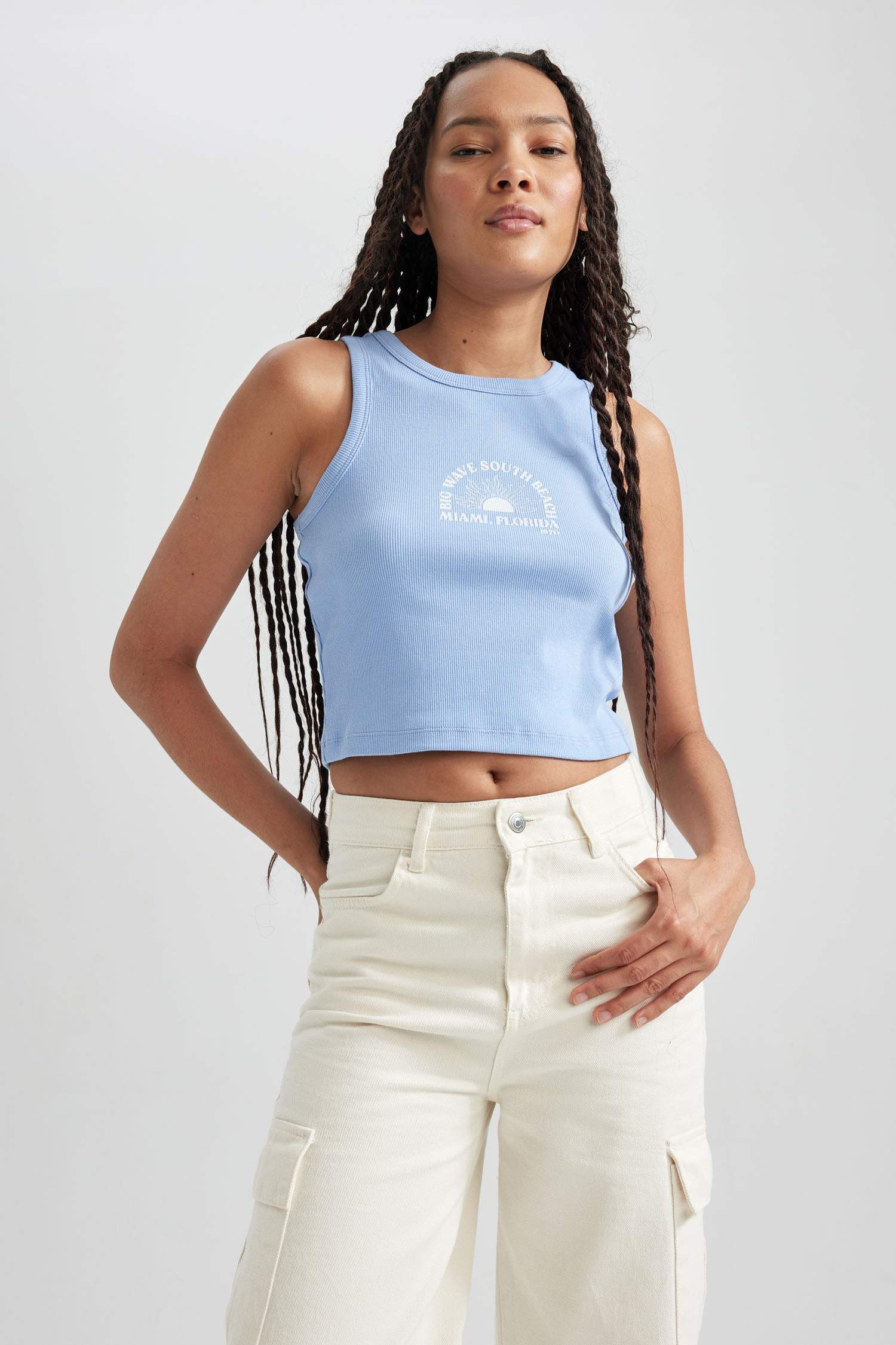 Fitted Printed Crew Neck Ribbed Camisole Crop Top